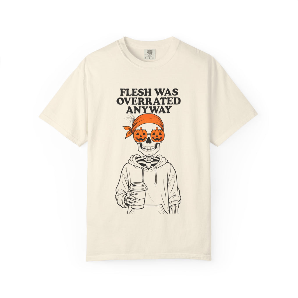 Ivory Halloween graphic unisex tee with orange jack-o-lantern skull and skeleton print
