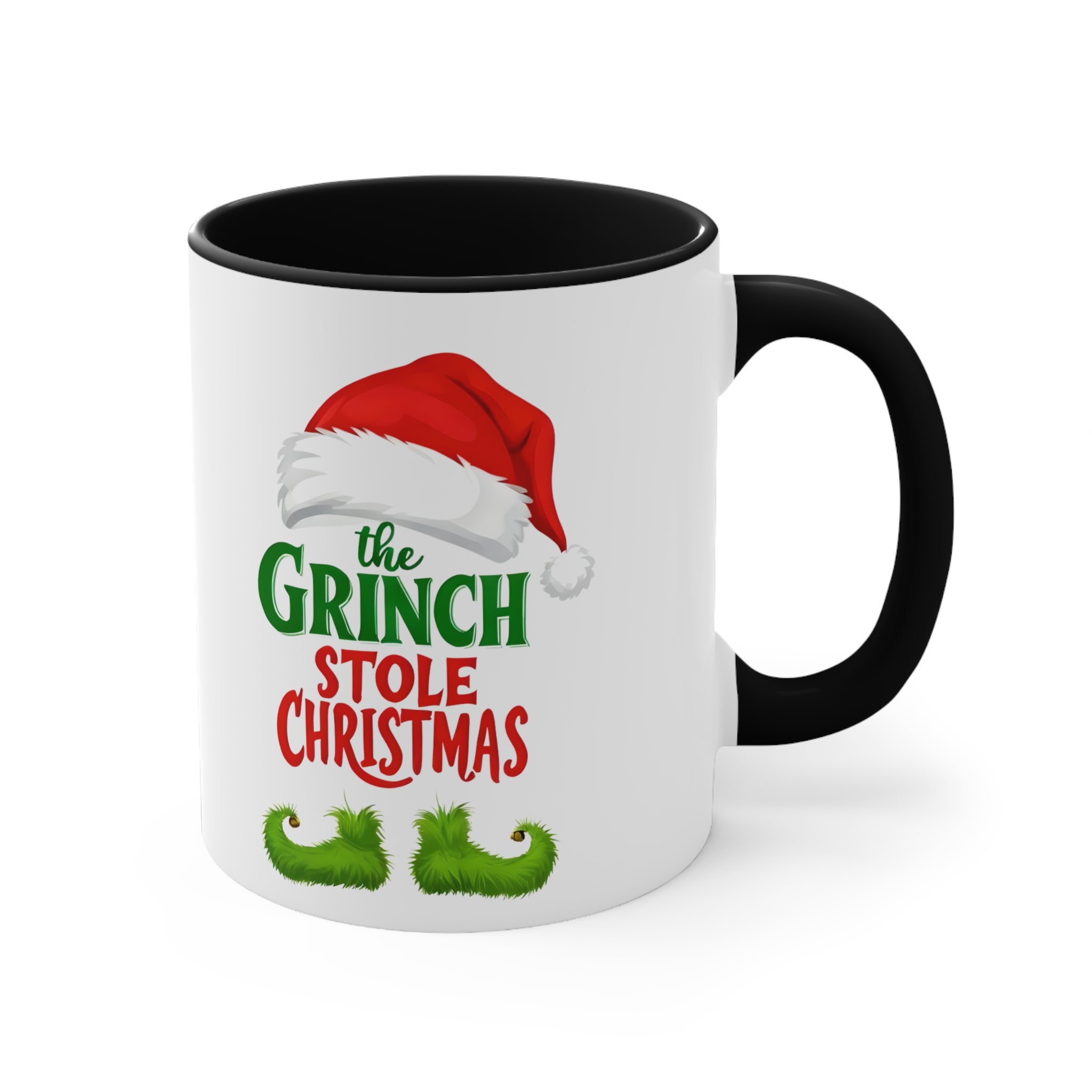 Black interior mug with black handle, white body, and Grinch holiday graphic