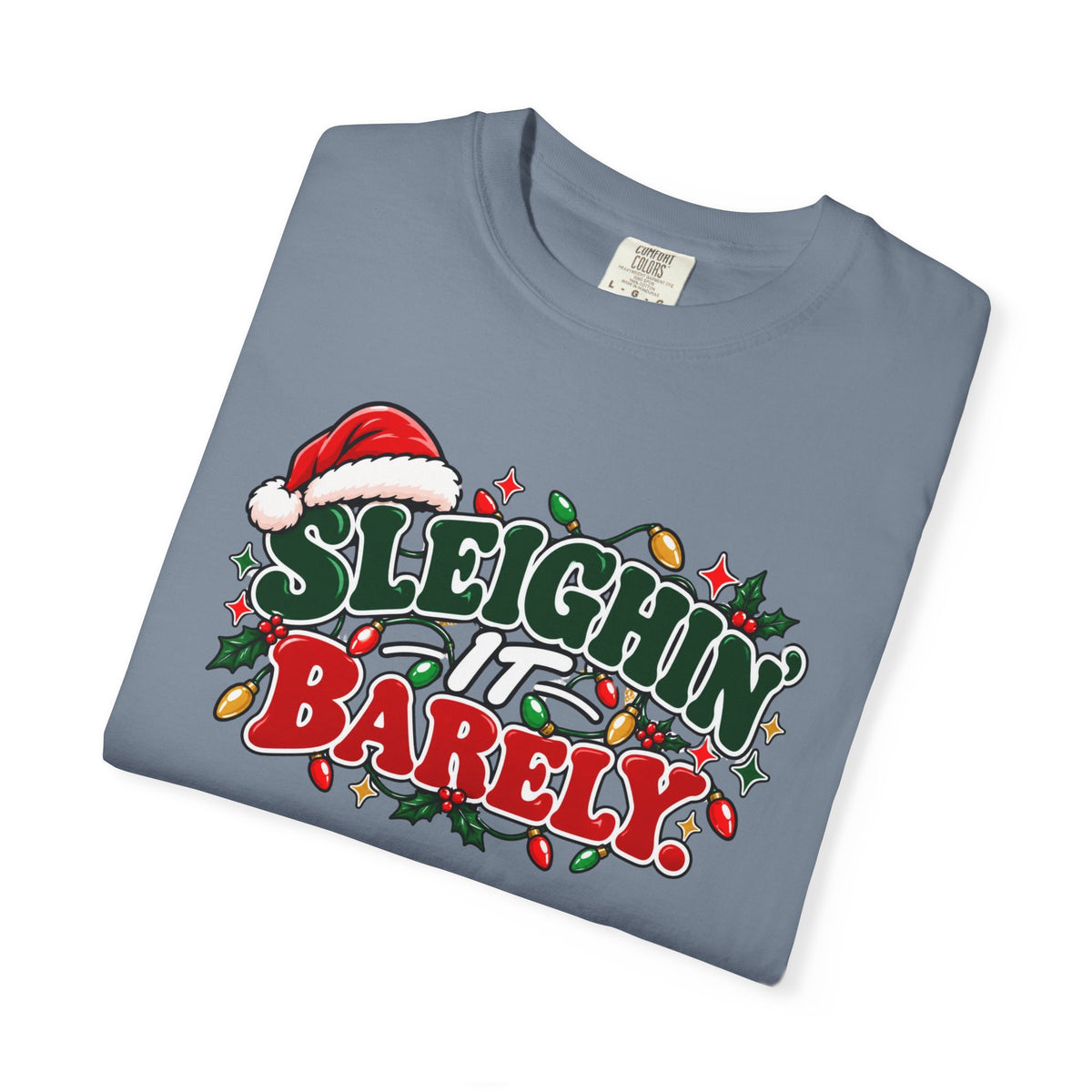 Blue jean crew-neck T-shirt with 'Sleighin' It Barely' holiday graphic