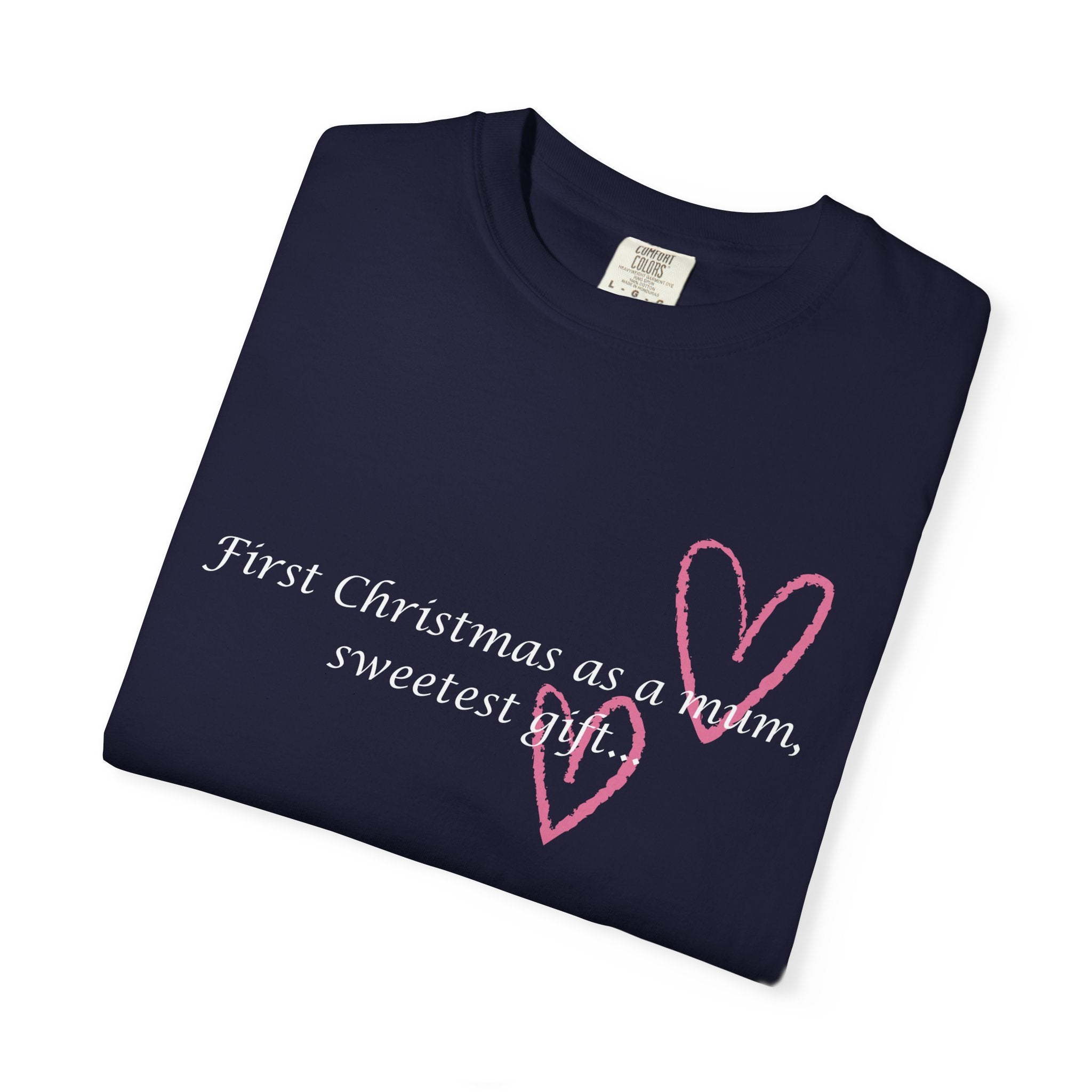 Navy folded Christmas mum T-shirt with pink heart graphic and 'sweetest gift' text