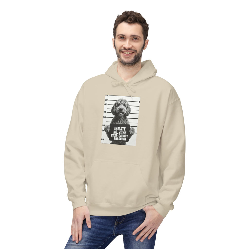 Sand hoodie with dog mugshot graphic and “INMATE 2025 CASE-CAUGHT SNACKING” text