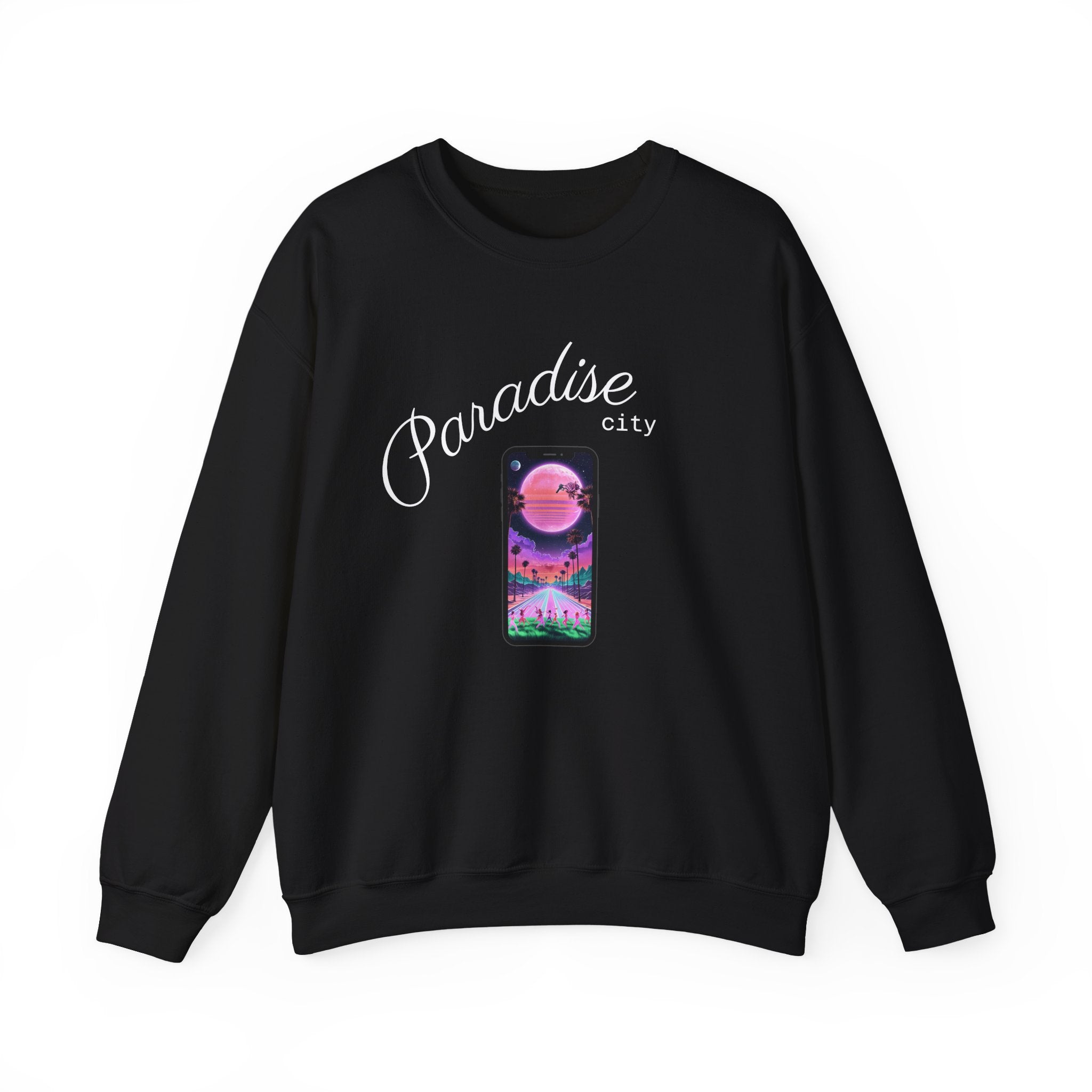 Black crewneck sweatshirt with “Paradise city” phone graphic on the front