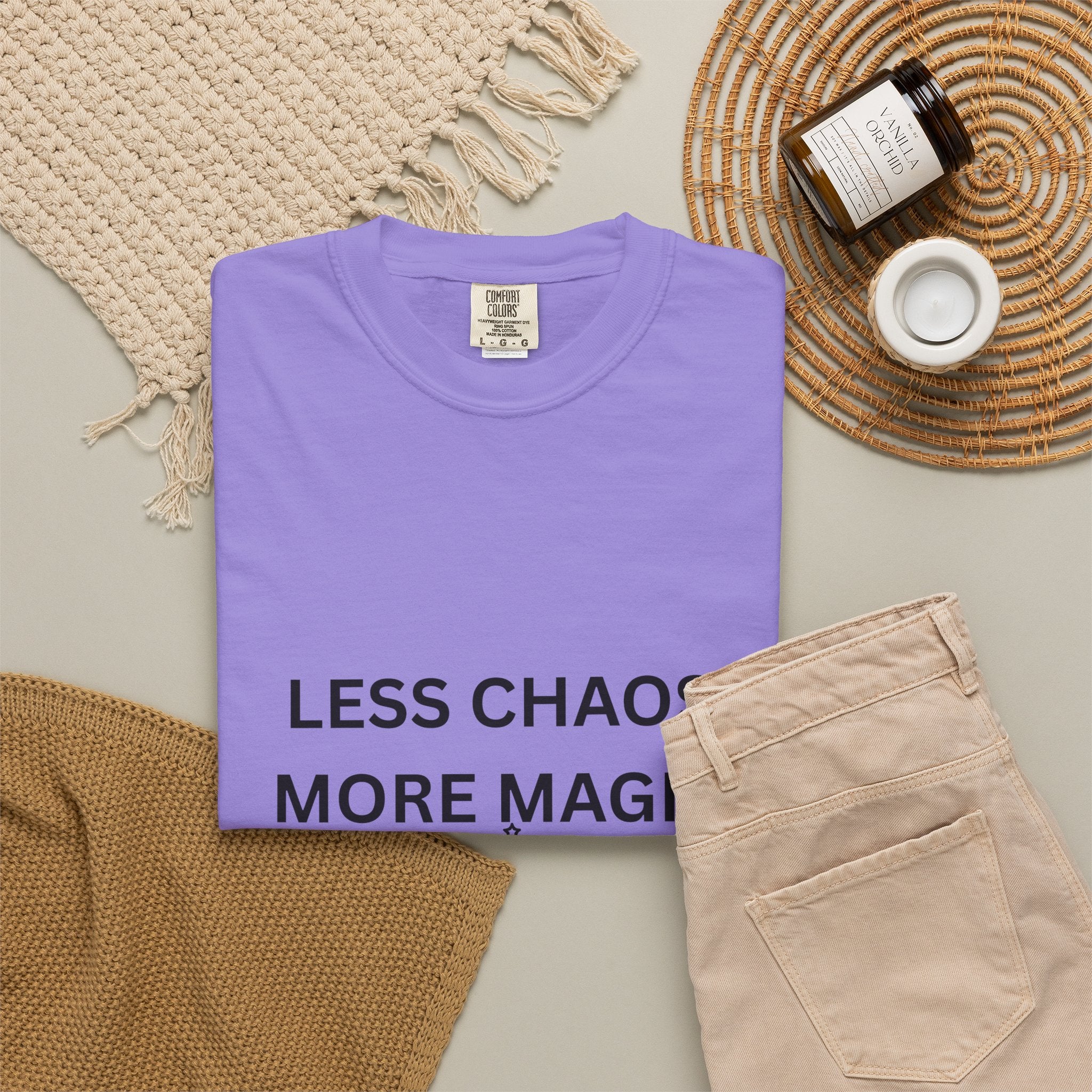 Less Chaos, More Magic T-Shirt — Crescent Moon + Stars Graphic Tee