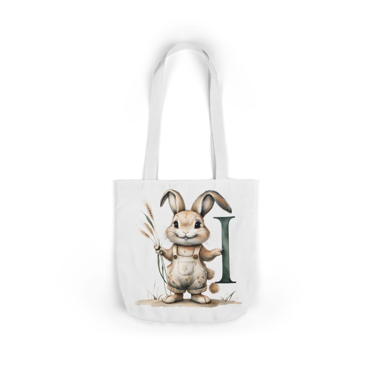 Whimsical Letter I Bunny Canvas Tote Bag, Eco-Friendly Shopping Bag, Spring Gift, Easter Tote, Cute Animal Design, Farmhouse Decor