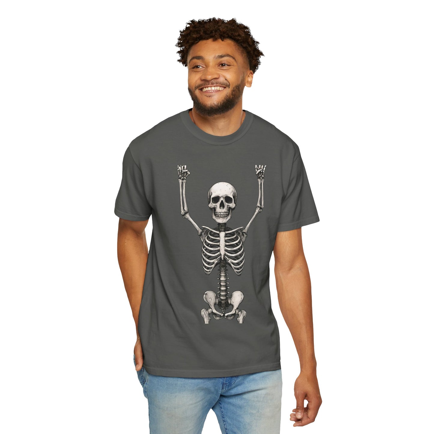 Hands Up Skeleton Graphic T-shirt, Unisex Vintage Tee for Halloween, Casual Wear, Skeleton Art, Gift for Spooky Lovers, Festival Apparel