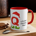 White mug with red handle and rim, Q graphic and 'is for Quiet Christmas, Please'