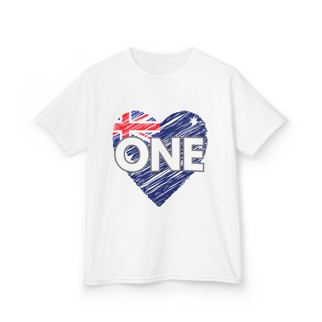 Kids Tee — "ONE" Australia Heart Unity Design (Patriotic Australia Day Shirt)
