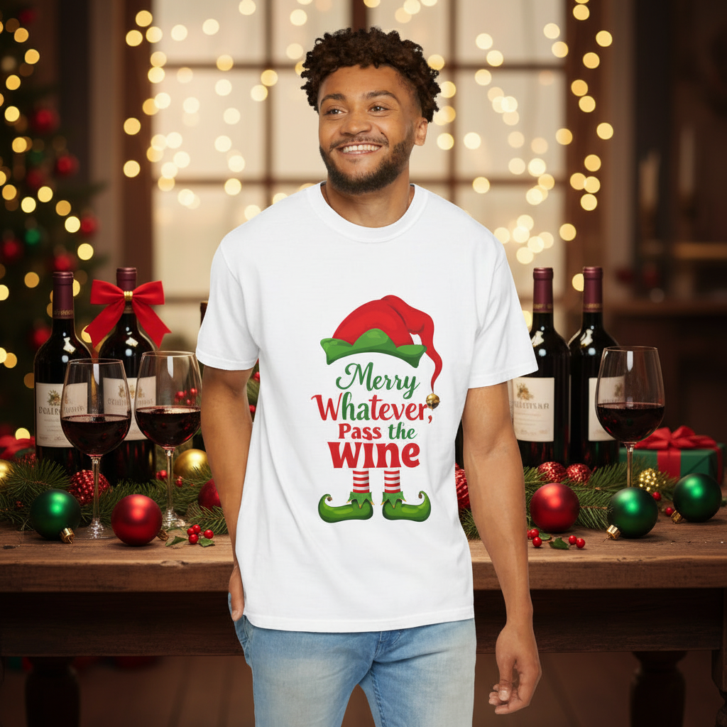 White crewneck Christmas wine tee with elf wine bottle graphic and slogan