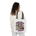 White canvas tote bag with black handles and colorful Model Farms class graphic.