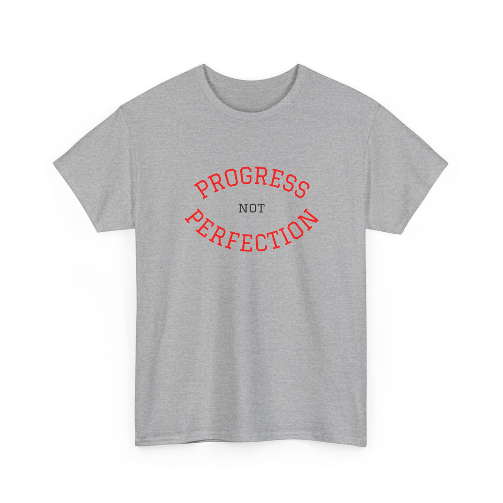 Sport gray unisex cotton tee with red "PROGRESS" and "PERFECTION" slogan graphic