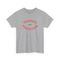 Sport gray unisex cotton tee with red "PROGRESS" and "PERFECTION" slogan graphic