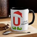 Christmas letter U mug, white with red Santa hat graphic, green holly, black handle and rim