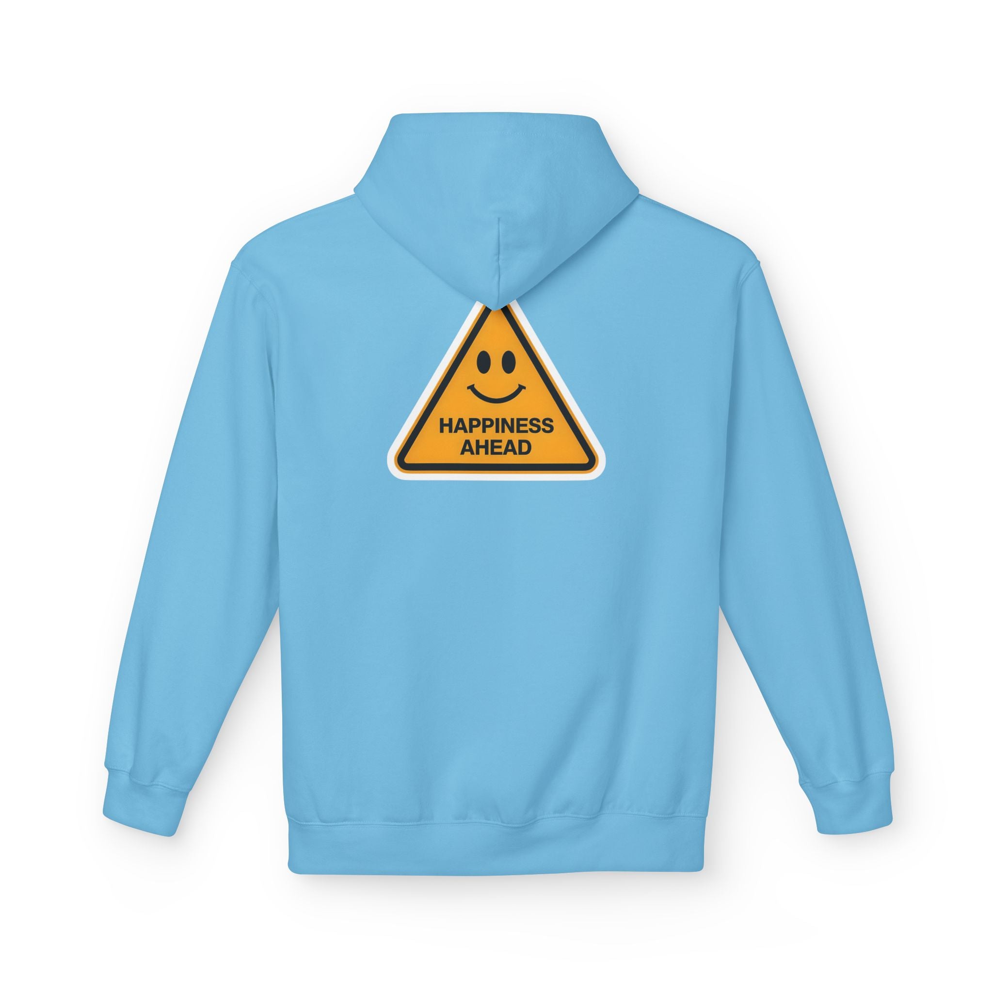 Light blue unisex hoodie with Happiness Ahead triangle graphic on chest
