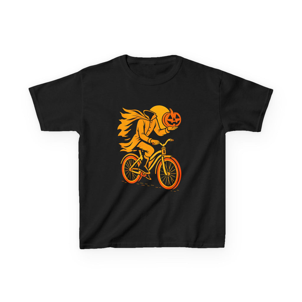 Kids black T-shirt, short-sleeve, orange bicycle and pumpkin-face graphic