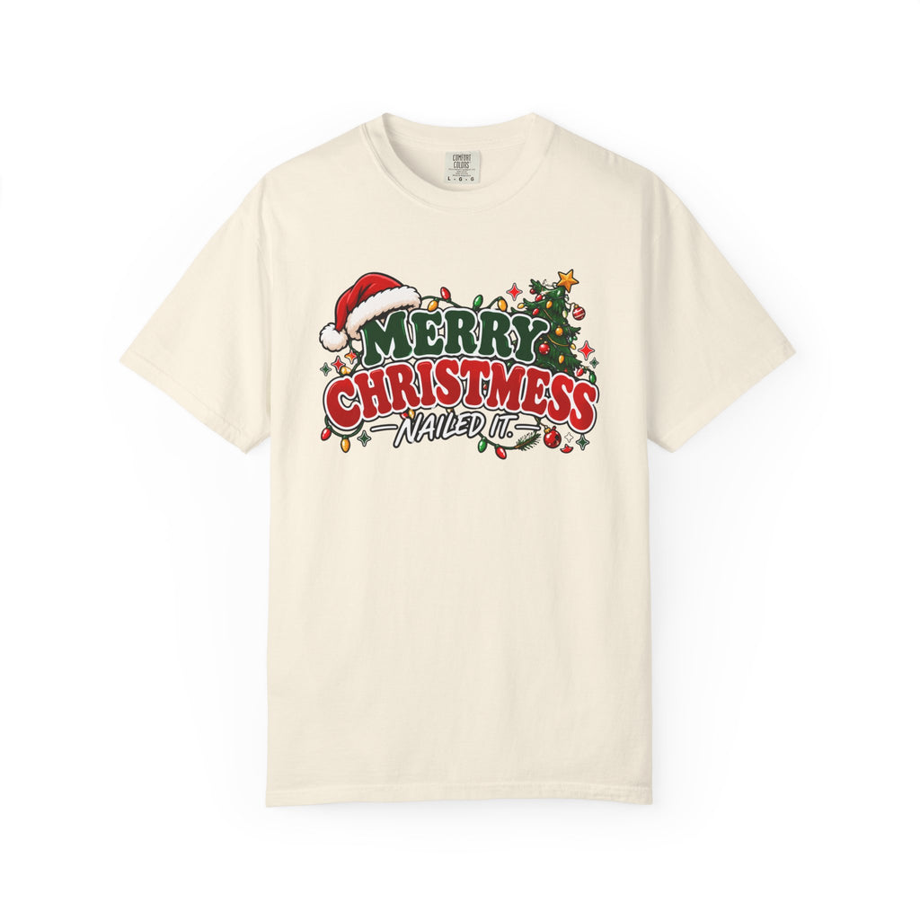 Ivory crew-neck Christmas T-shirt with “Merry Christmas” graphic and festive decorations