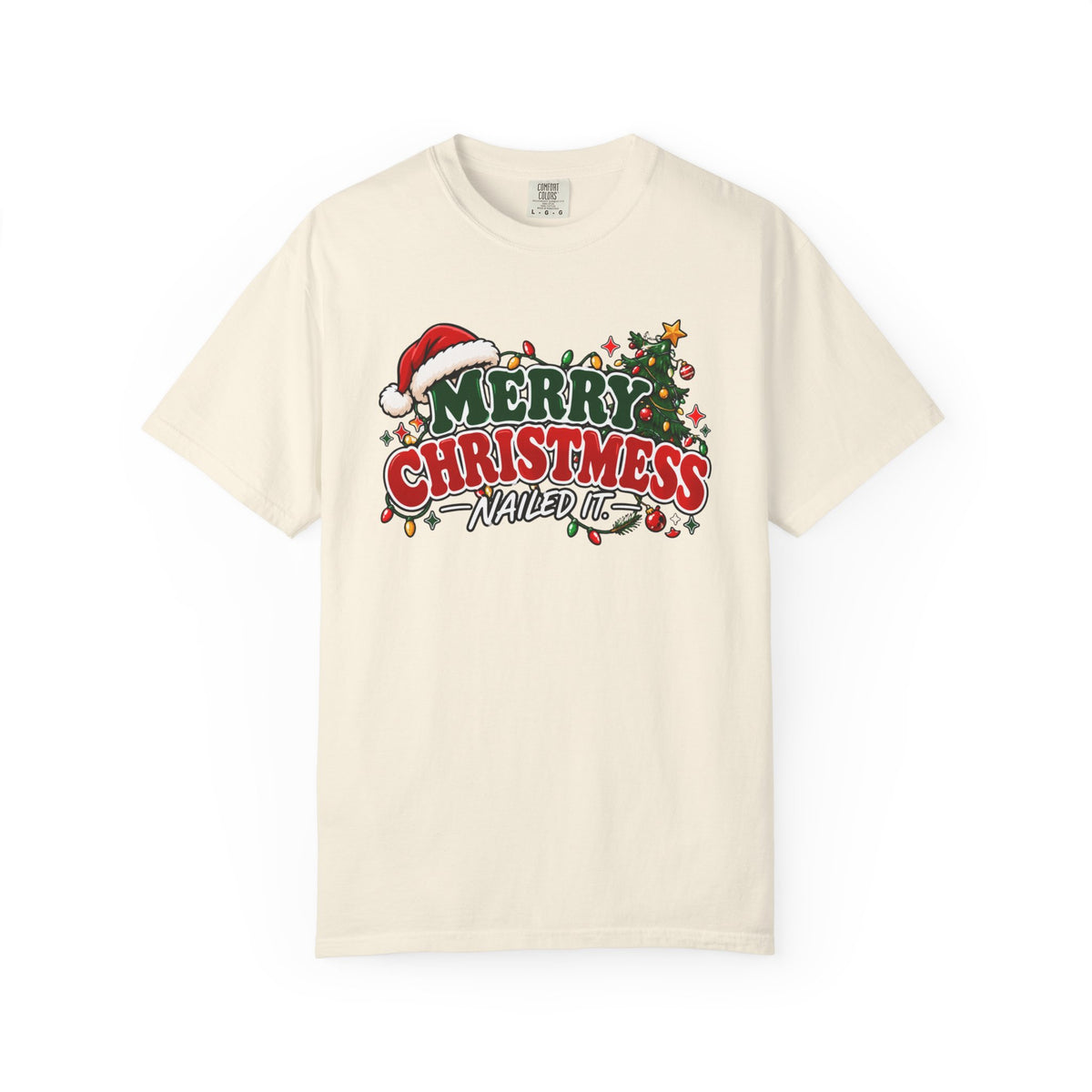 Ivory crew-neck Christmas T-shirt with “Merry Christmas” graphic and festive decorations