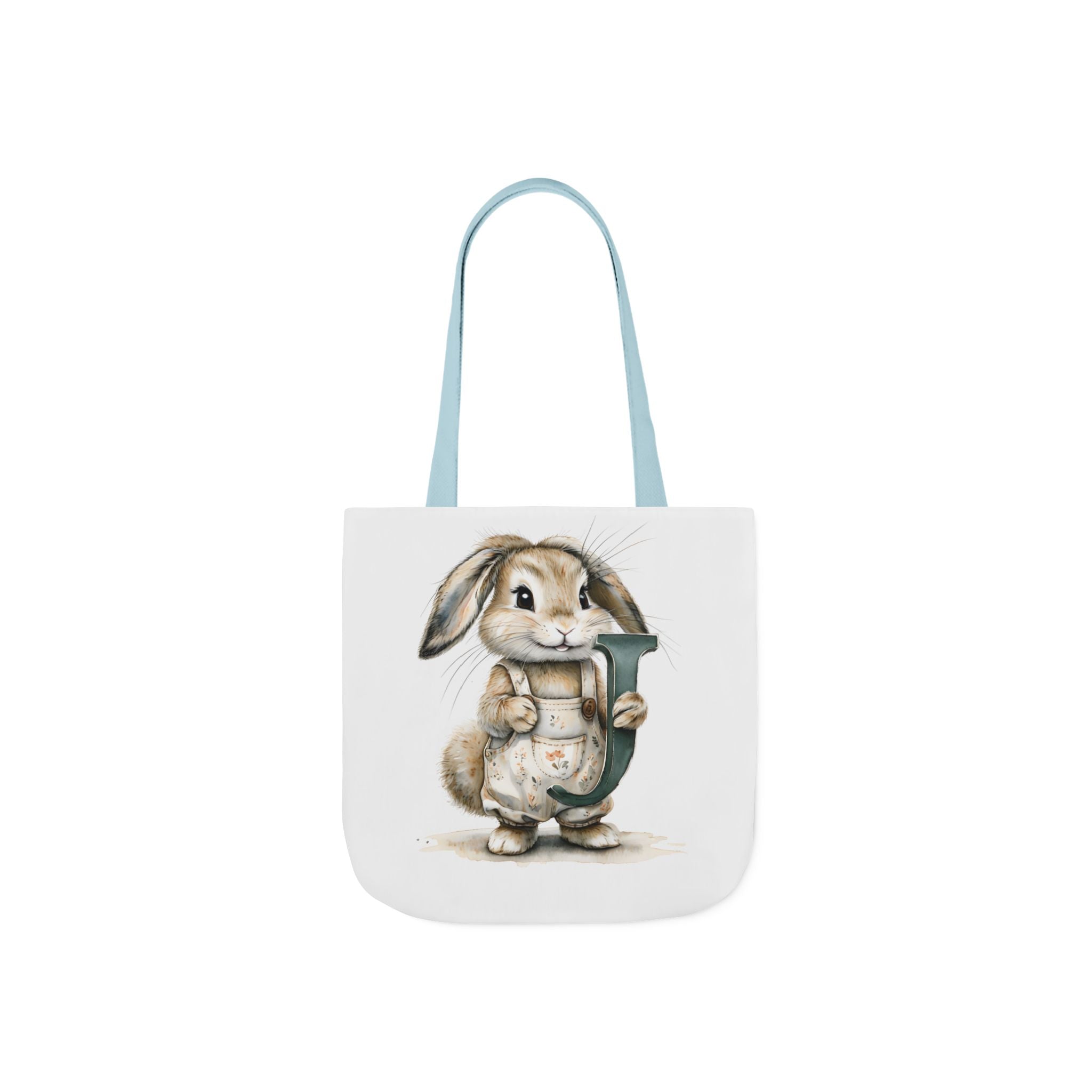 White canvas tote bag with bunny graphic and light blue shoulder strap