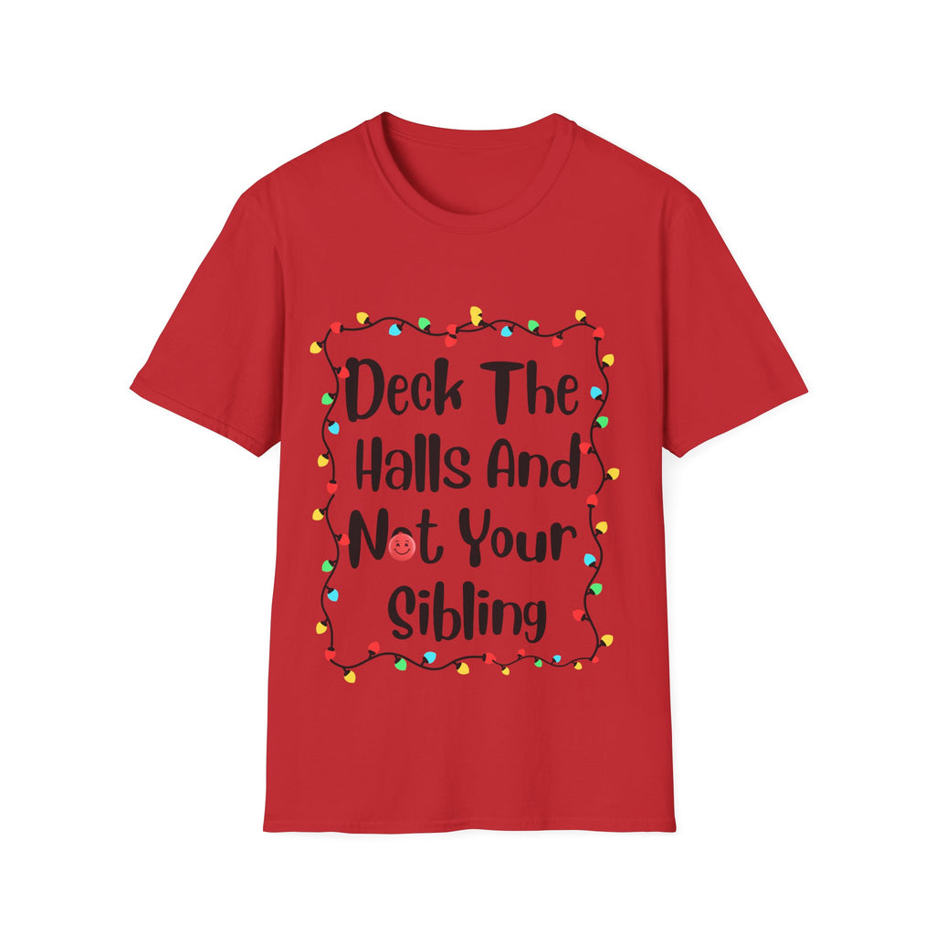 Red crew-neck T-shirt with festive lights graphic front