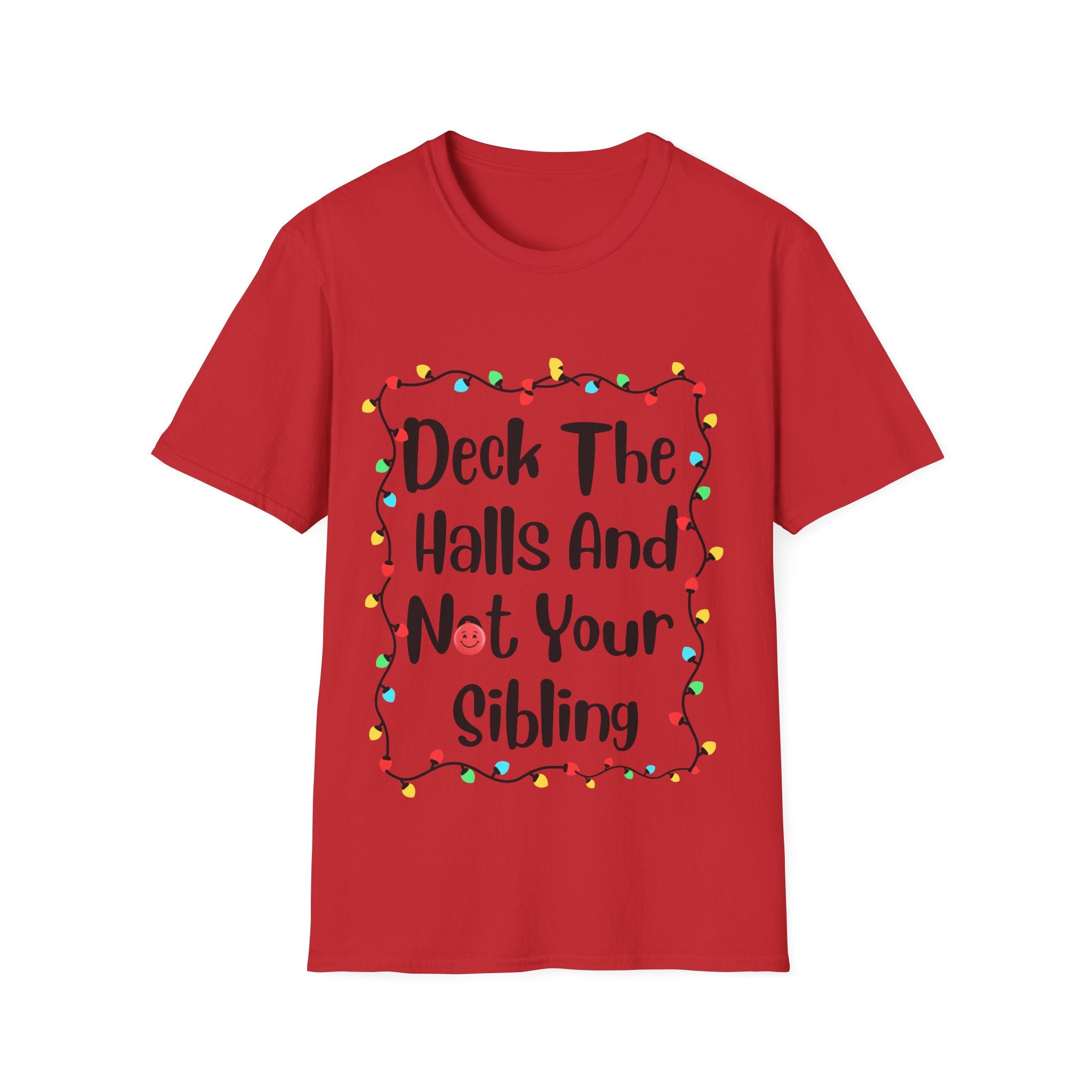 Red crew-neck T-shirt with festive lights graphic front