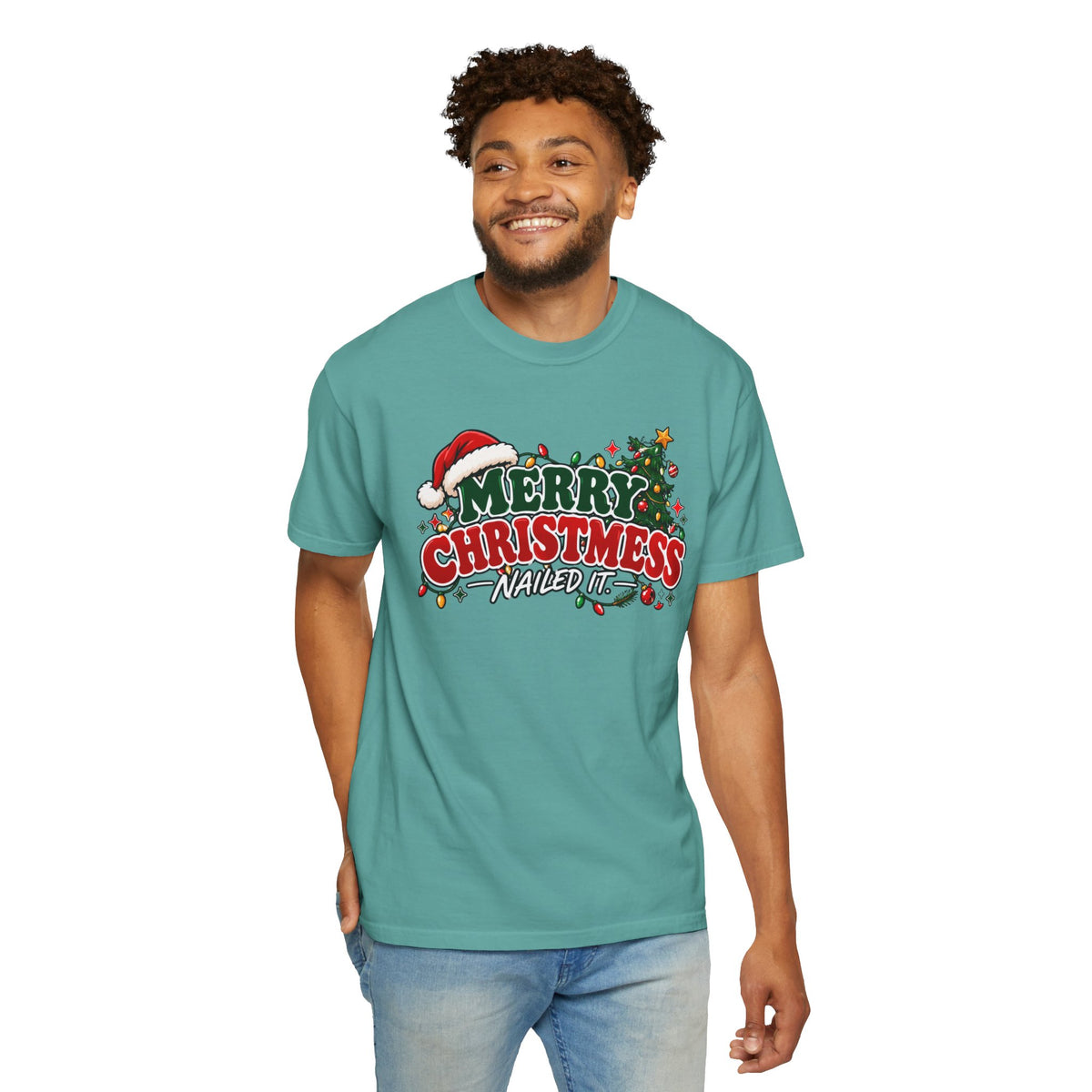 Teal crewneck Christmas graphic T-shirt on model, front 'Merry Christmas' print