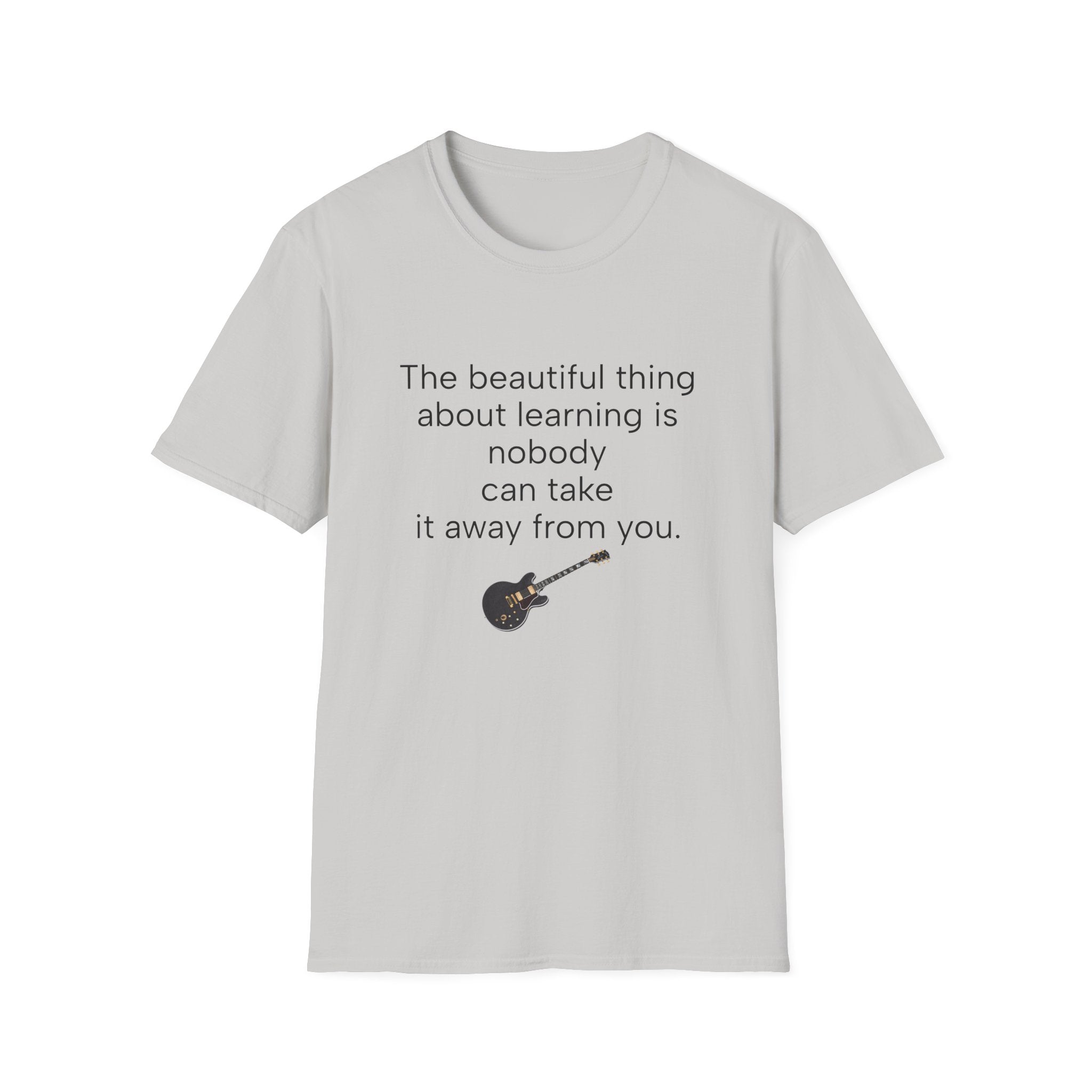 White unisex T-shirt with learning quote text and guitar graphic centered on chest