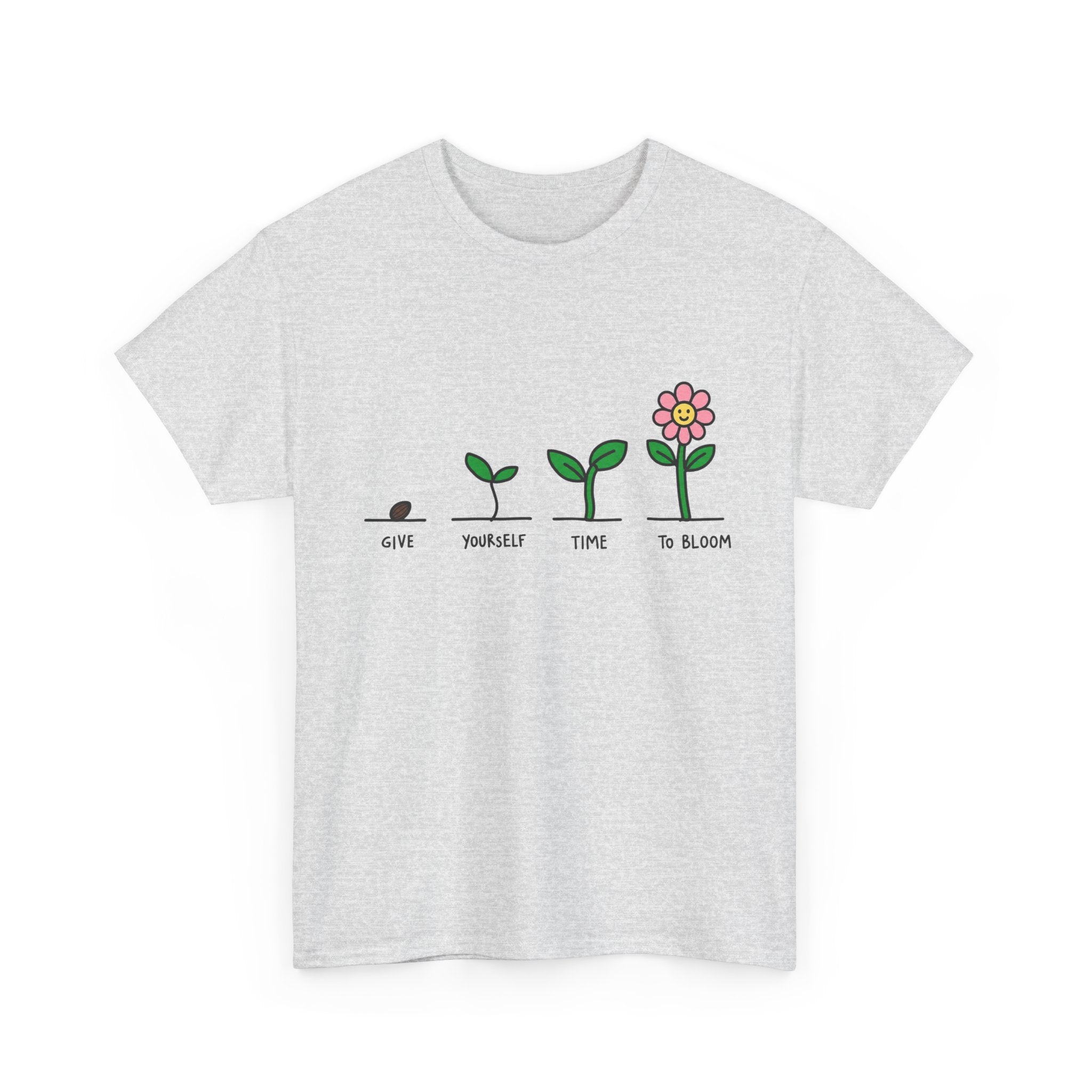 Heather gray T-shirt with flower growth graphic and “Give yourself time to bloom”