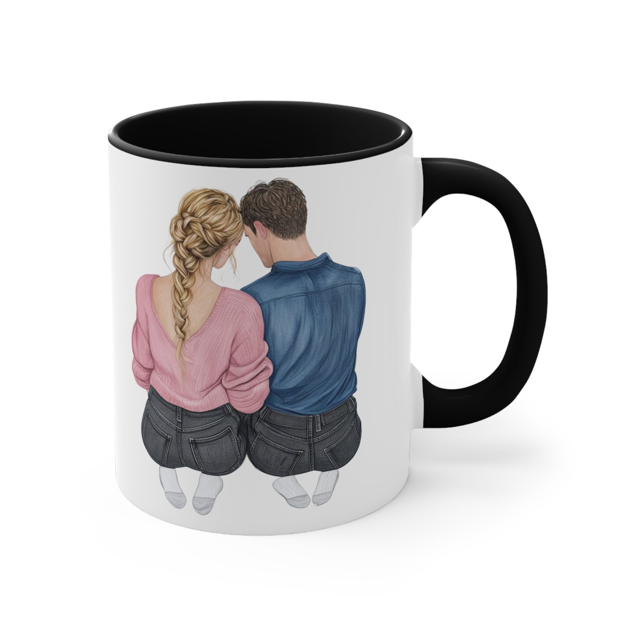11oz accent mug, white with black rim and handle; couple hugging back graphic