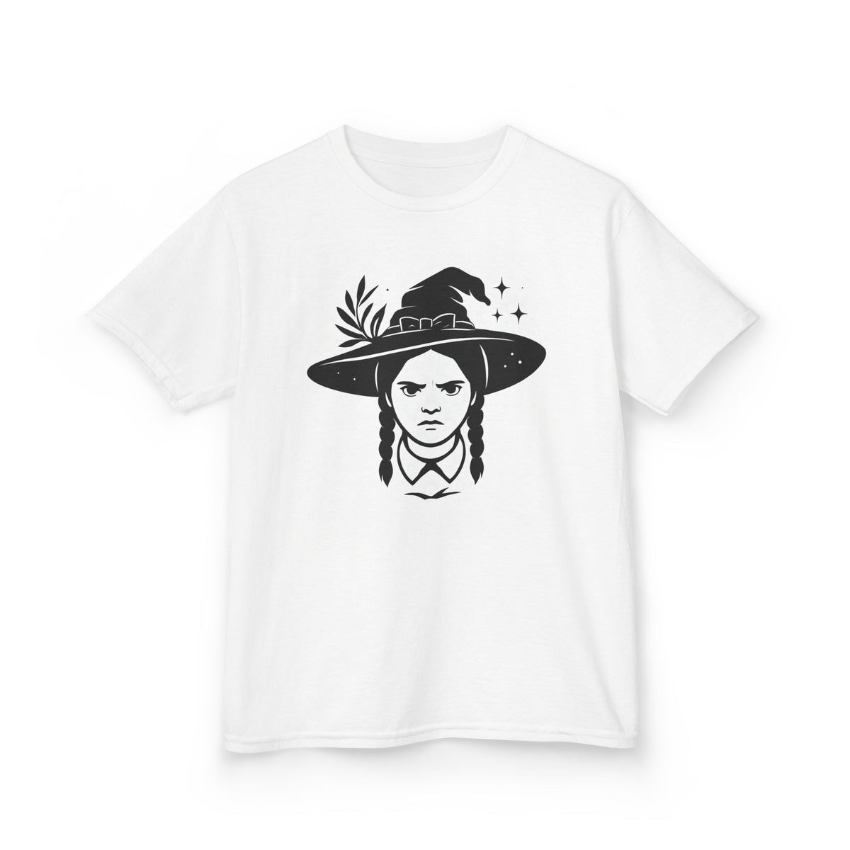 White kids unisex witch graphic T-shirt, front view with hat and portrait print
