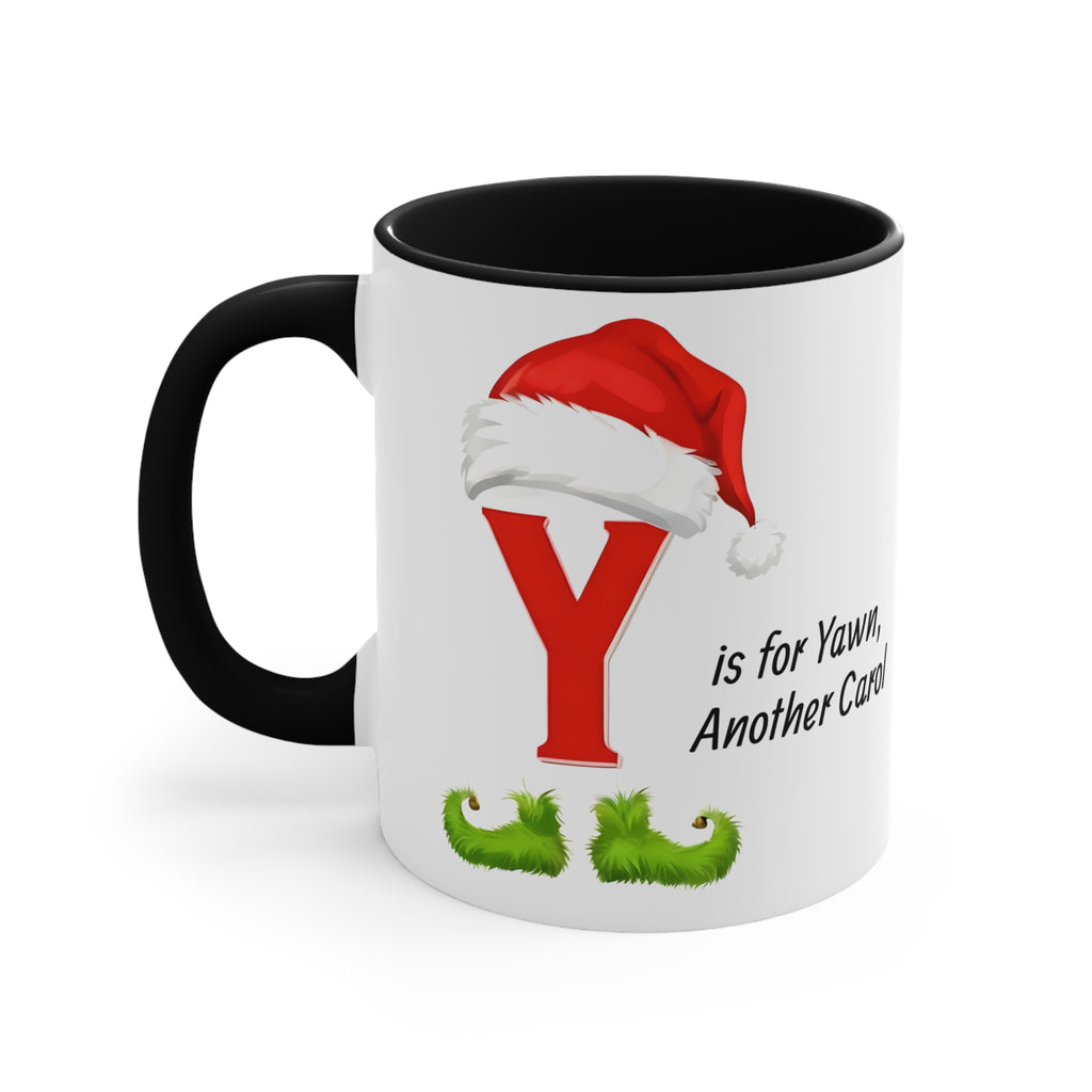 Christmas letter Y mug, black handle and dark interior, red Y with Santa hat and green mustache