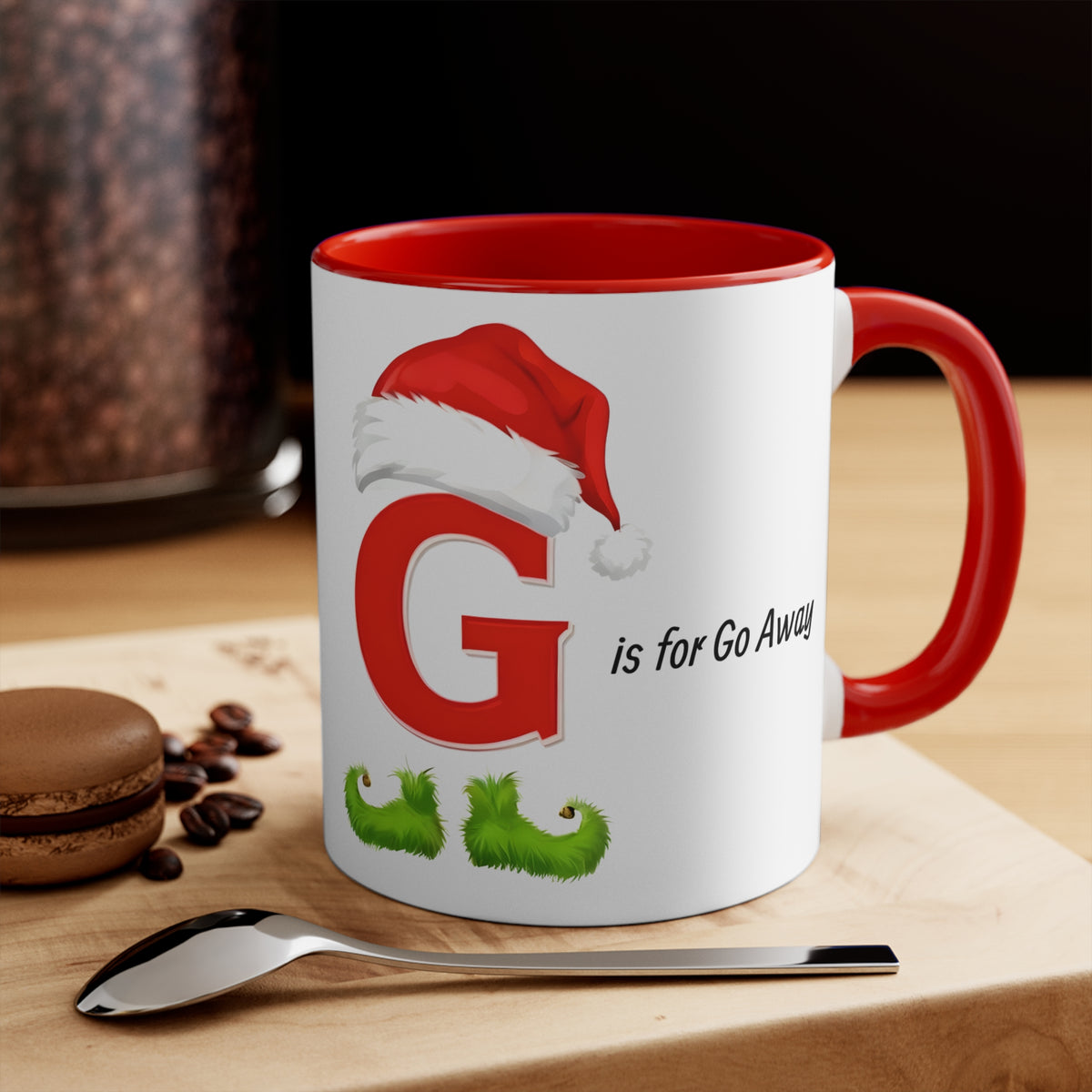 Holiday letter G mug, red handle, with Santa hat and 'is for Go Away' wording