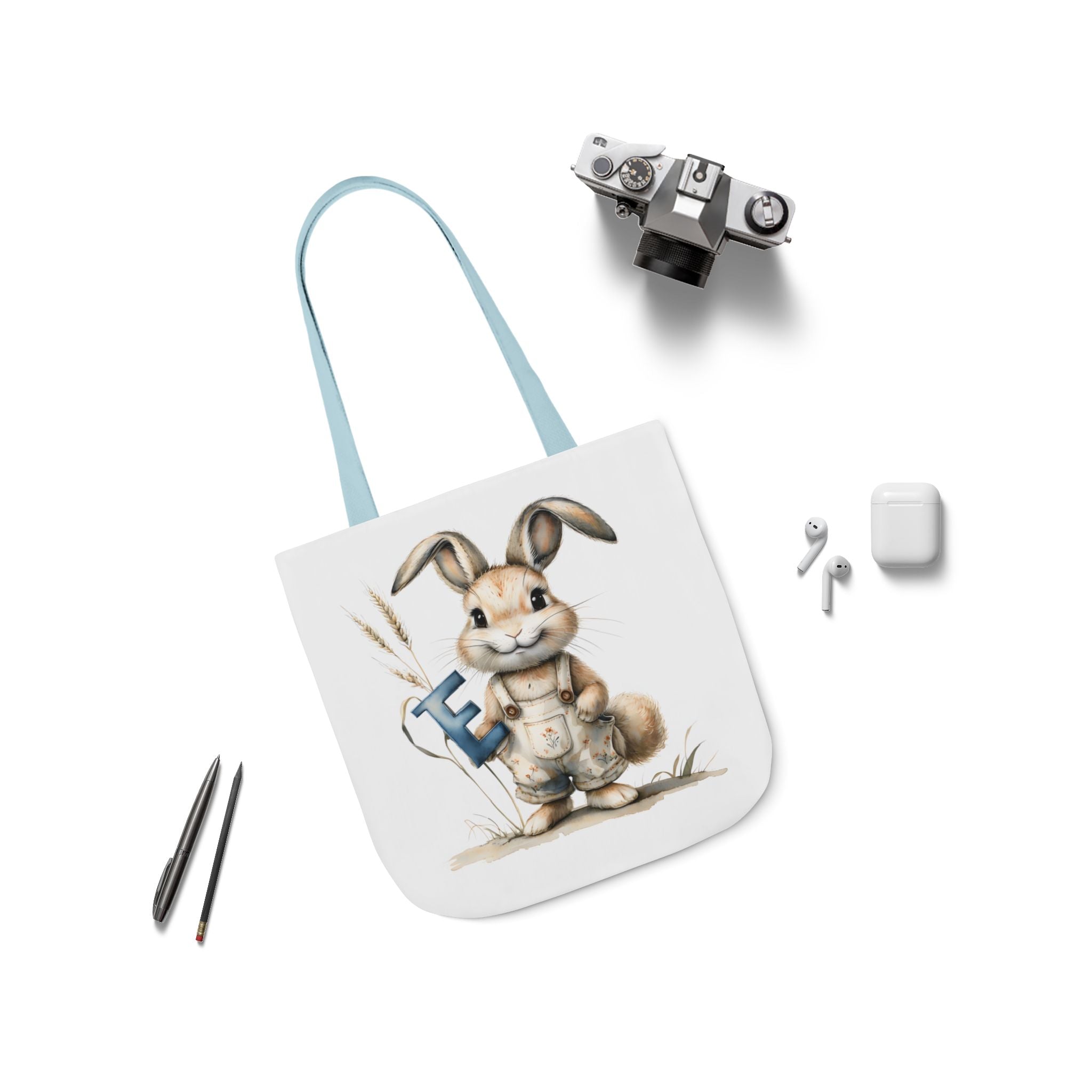 Charming Letter E Bunny Canvas Tote Bag, Easter, Spring, Eco-Friendly Bag, Gift for Animal Lovers, Everyday Use, Shopping