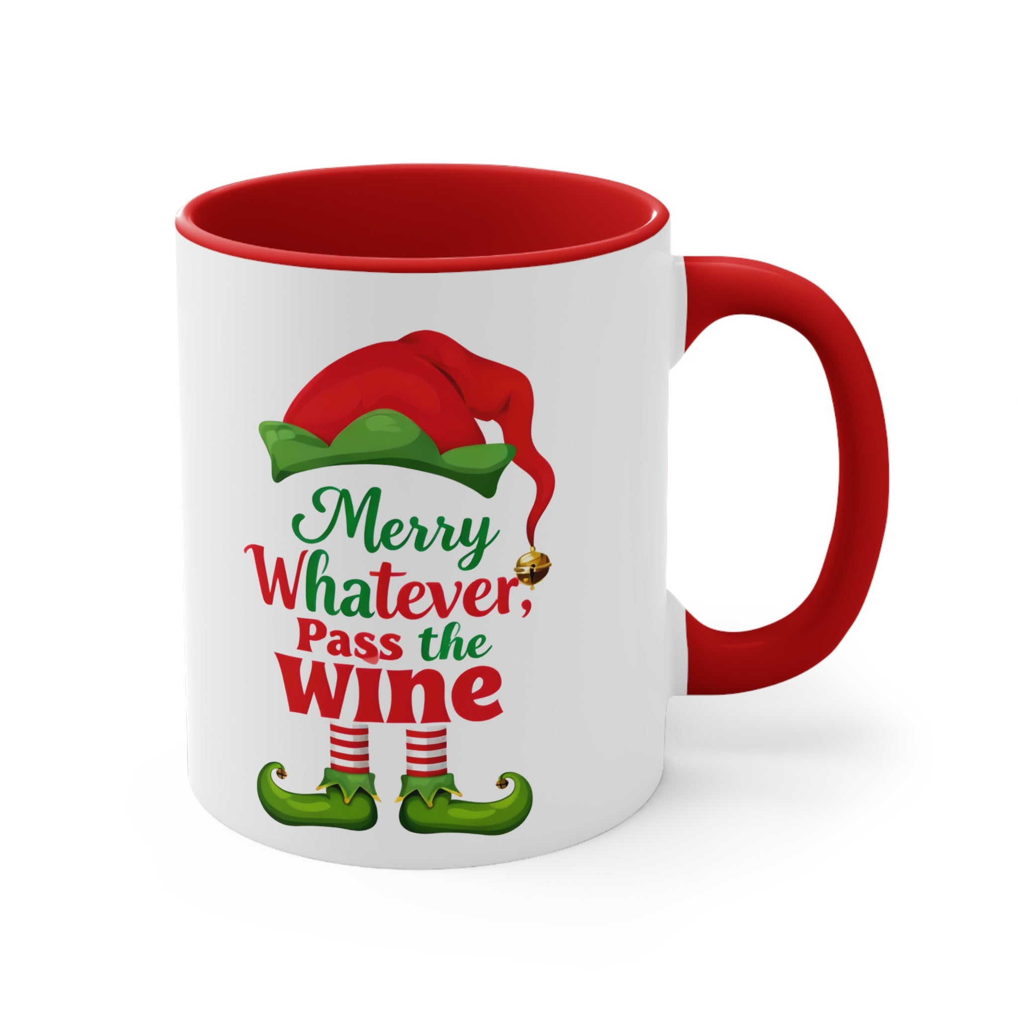 Red coffee mug with Christmas elf graphic and “Merry Whatever, Pass the Wine”