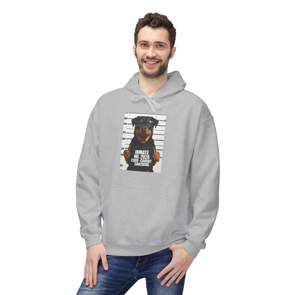 Sport grey pullover hoodie with hood and front pocket, front graphic of a Rottweiler poster