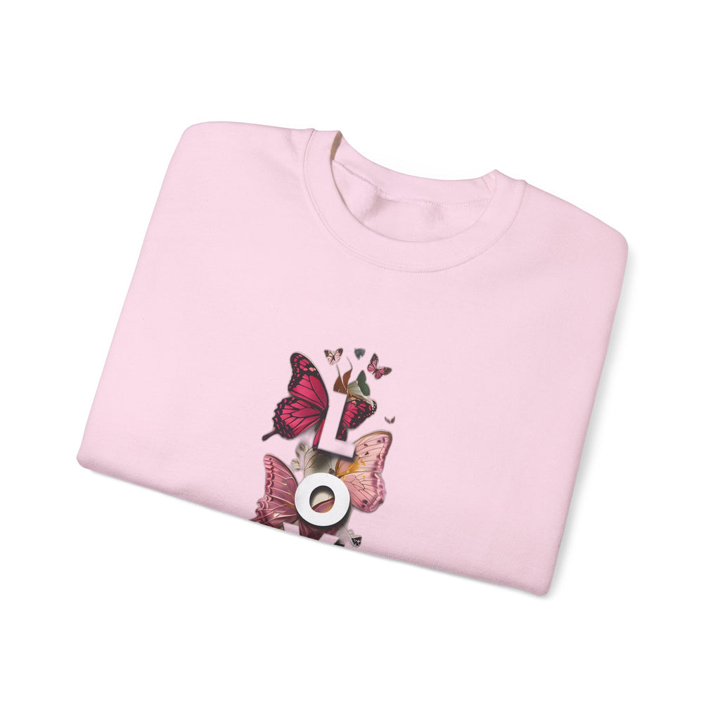 Light pink sweatshirt folded with long sleeves and LOVE word butterfly graphic