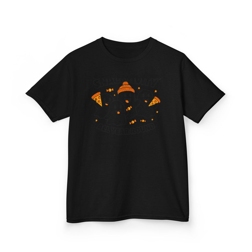Kids black T-shirt front view with orange space-ghost and jack-o-lantern burst graphic