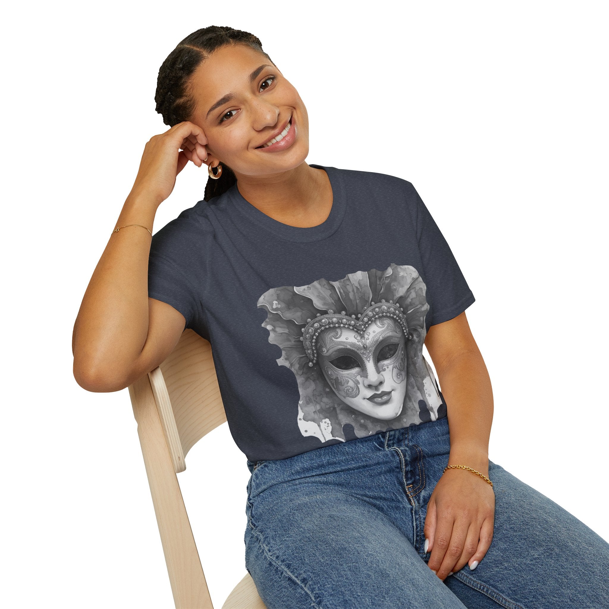 Charcoal crewneck face mask graphic t-shirt with watercolor masquerade mask front print