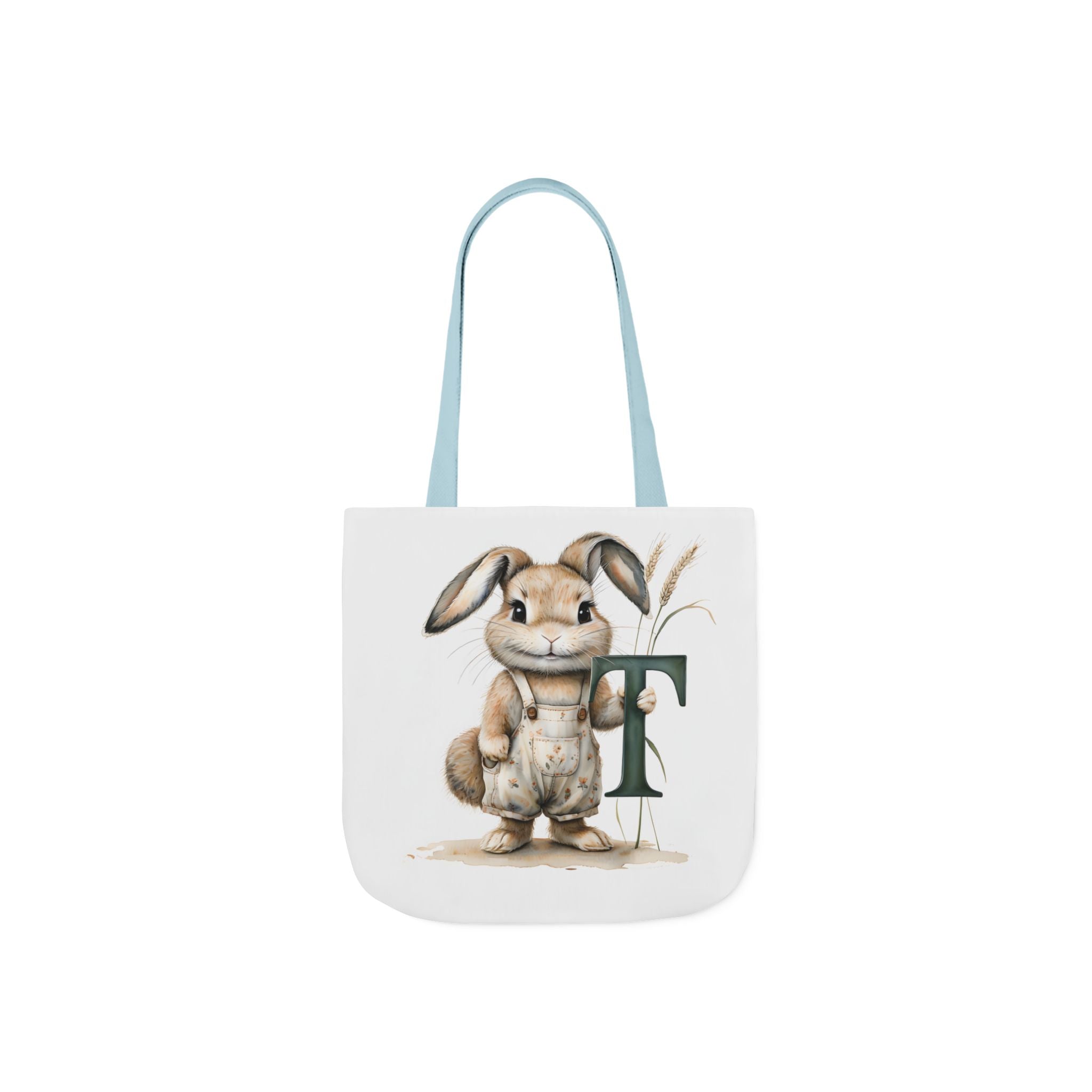 Cute Letter T Bunny Canvas Tote Bag with Colourful Straps, Eco-Friendly Reusable Shopping Bag, Easter Gift, Spring Tote, Cute Gift idea