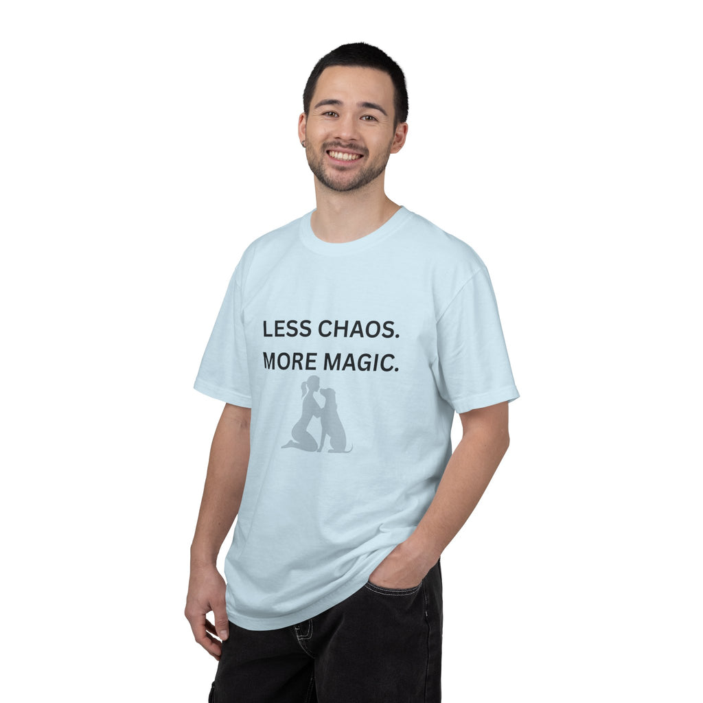 Less Chaos, More Magic T-Shirt — Woman + Dog Silhouette Graphic Tee