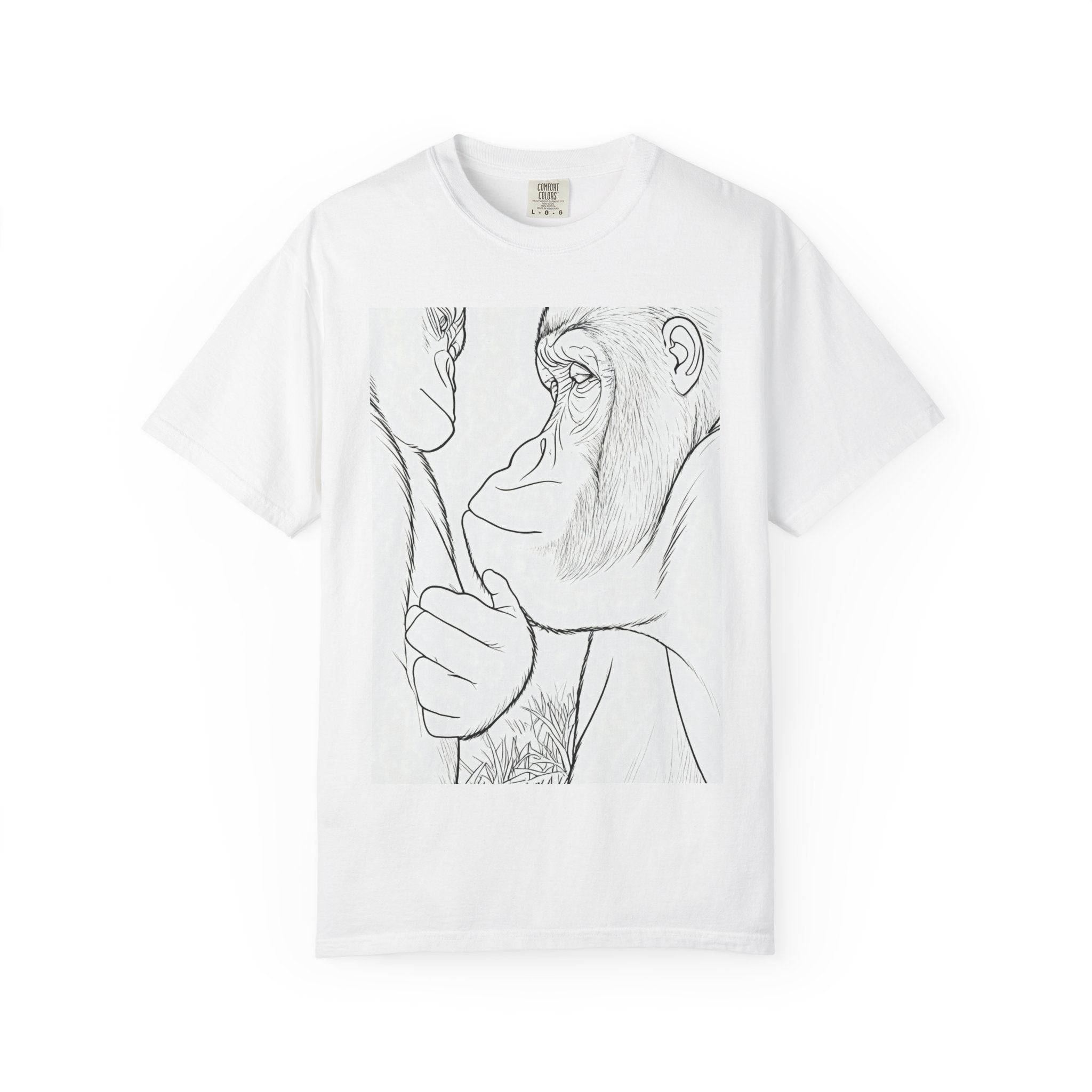 White crewneck T-shirt with centered black gorilla portrait line-art print