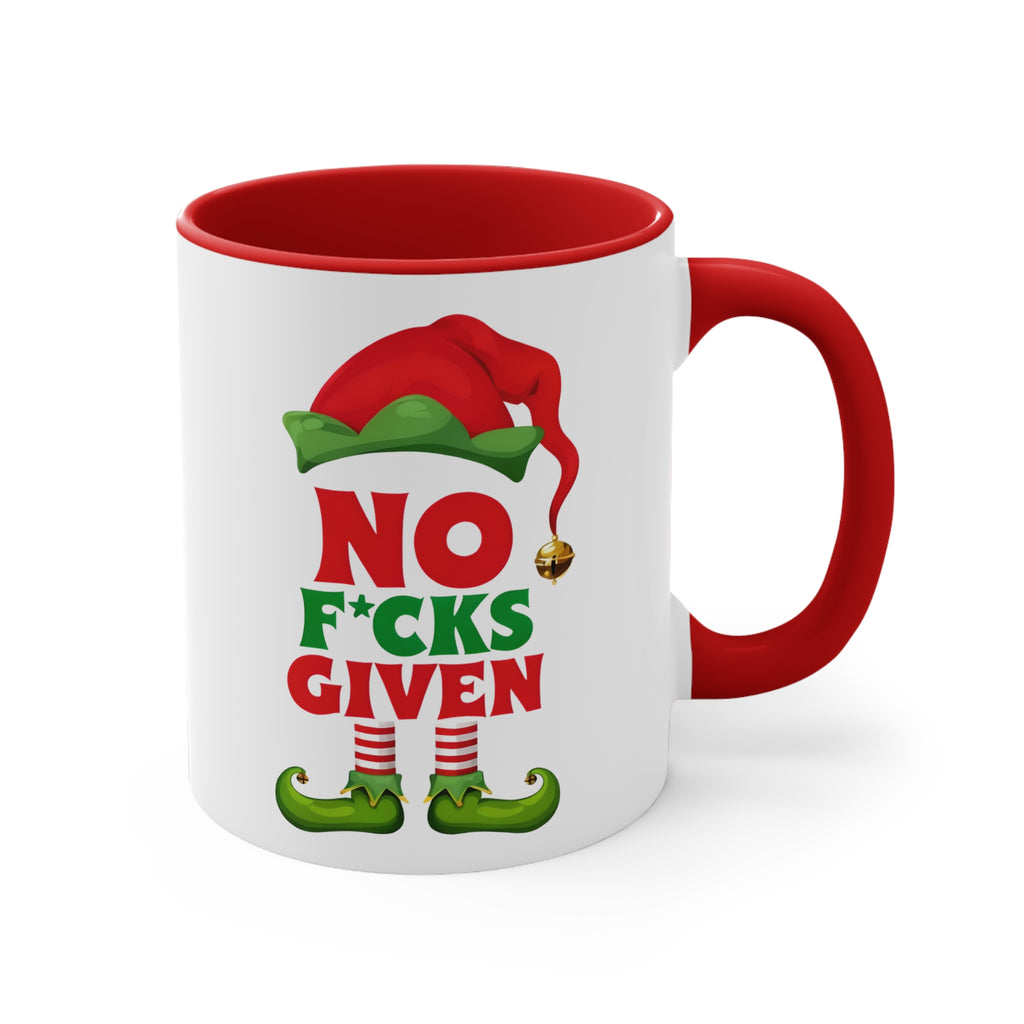 White 11oz Christmas mug with red handle, bold elf “NO F*CKS GIVEN” graphic on front