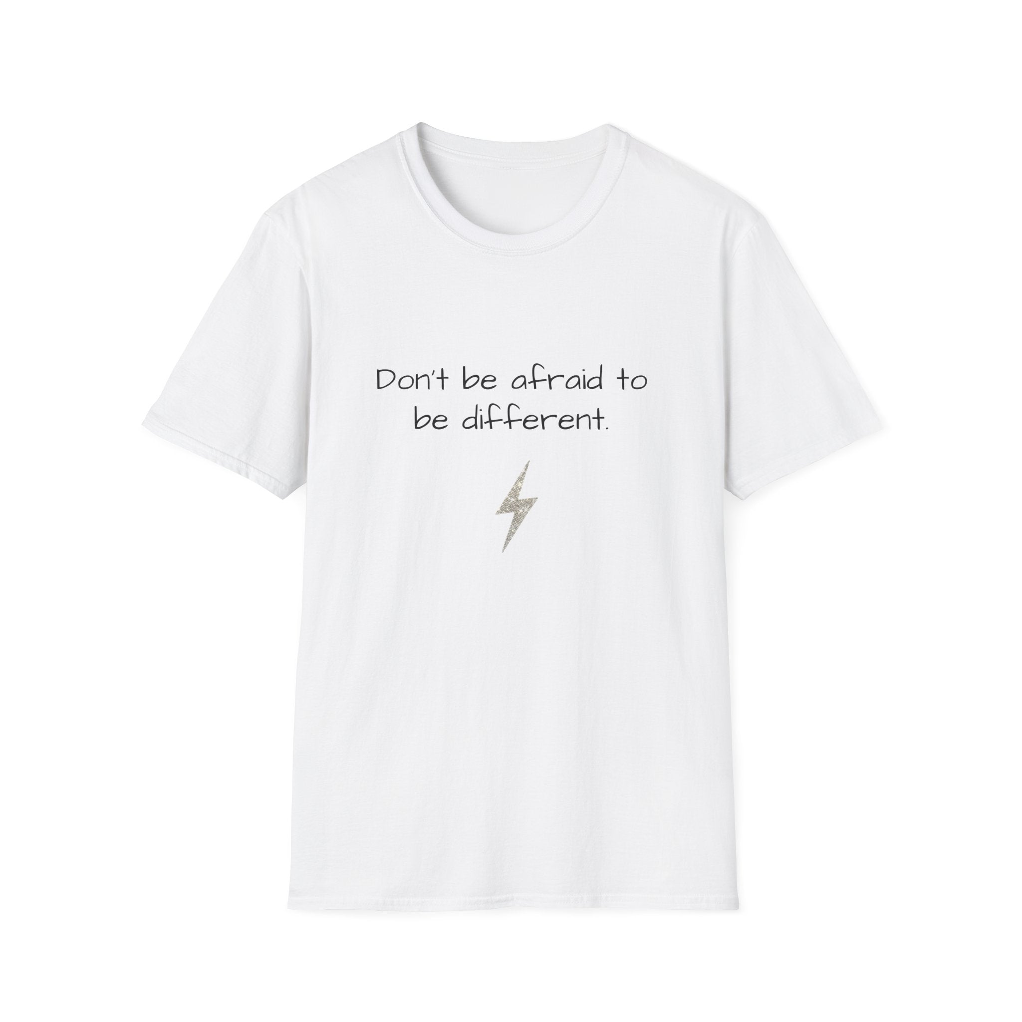 White unisex T-shirt with quote "Don’t be afraid to be different" and lightning bolt.