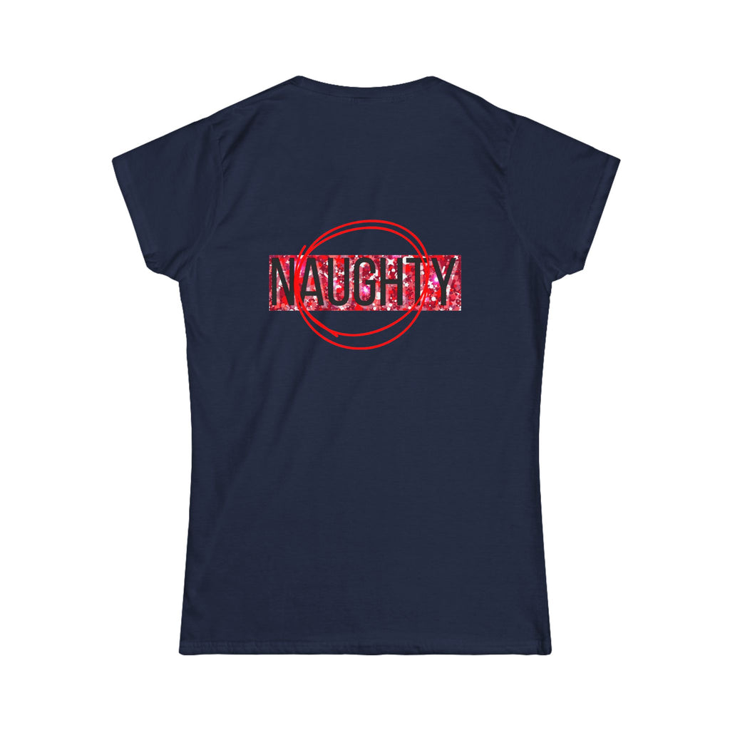Women's tee, navy blue with red 'NAUGHTY' back graphic stamp.