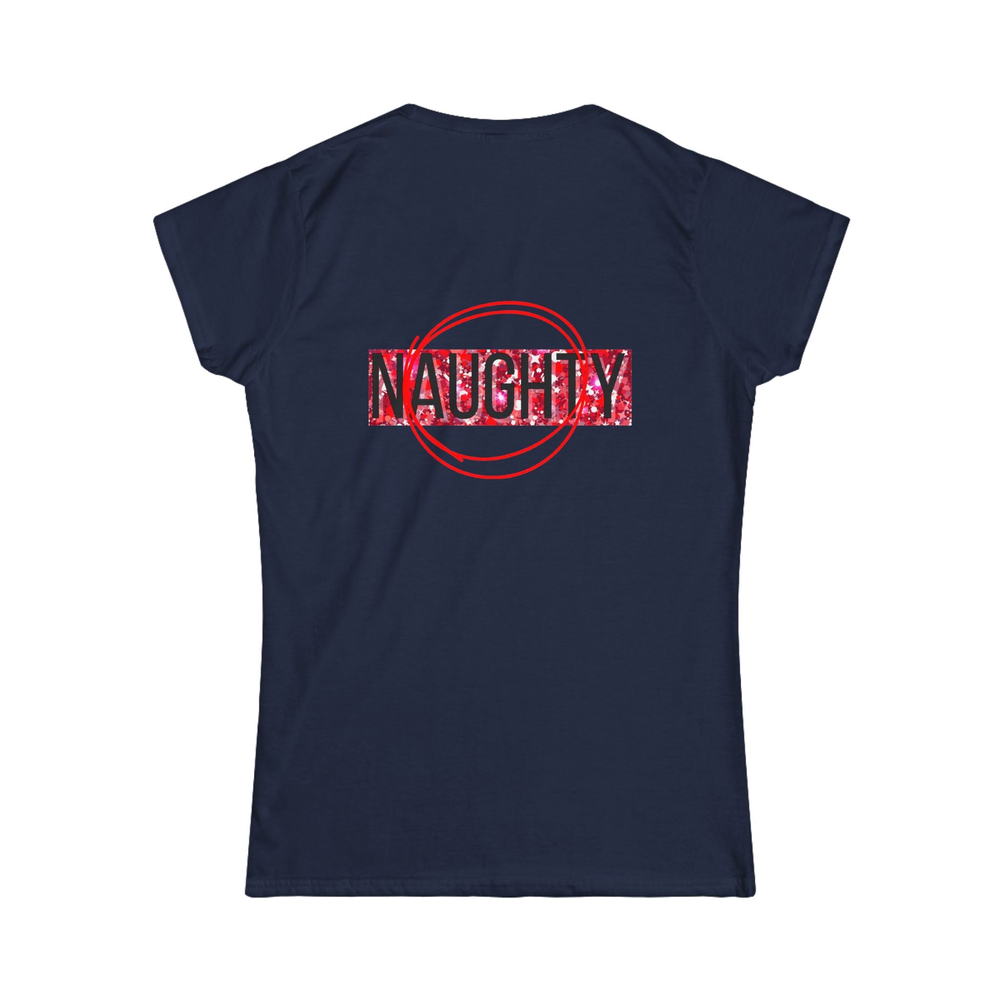 Women's tee, navy blue with red 'NAUGHTY' back graphic stamp.
