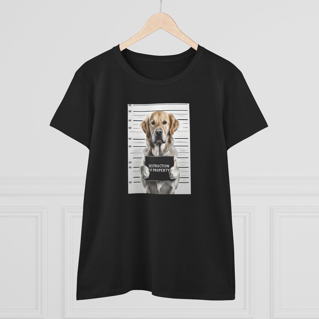 Black dog graphic mugshot tee hanging, crew neck and short sleeves