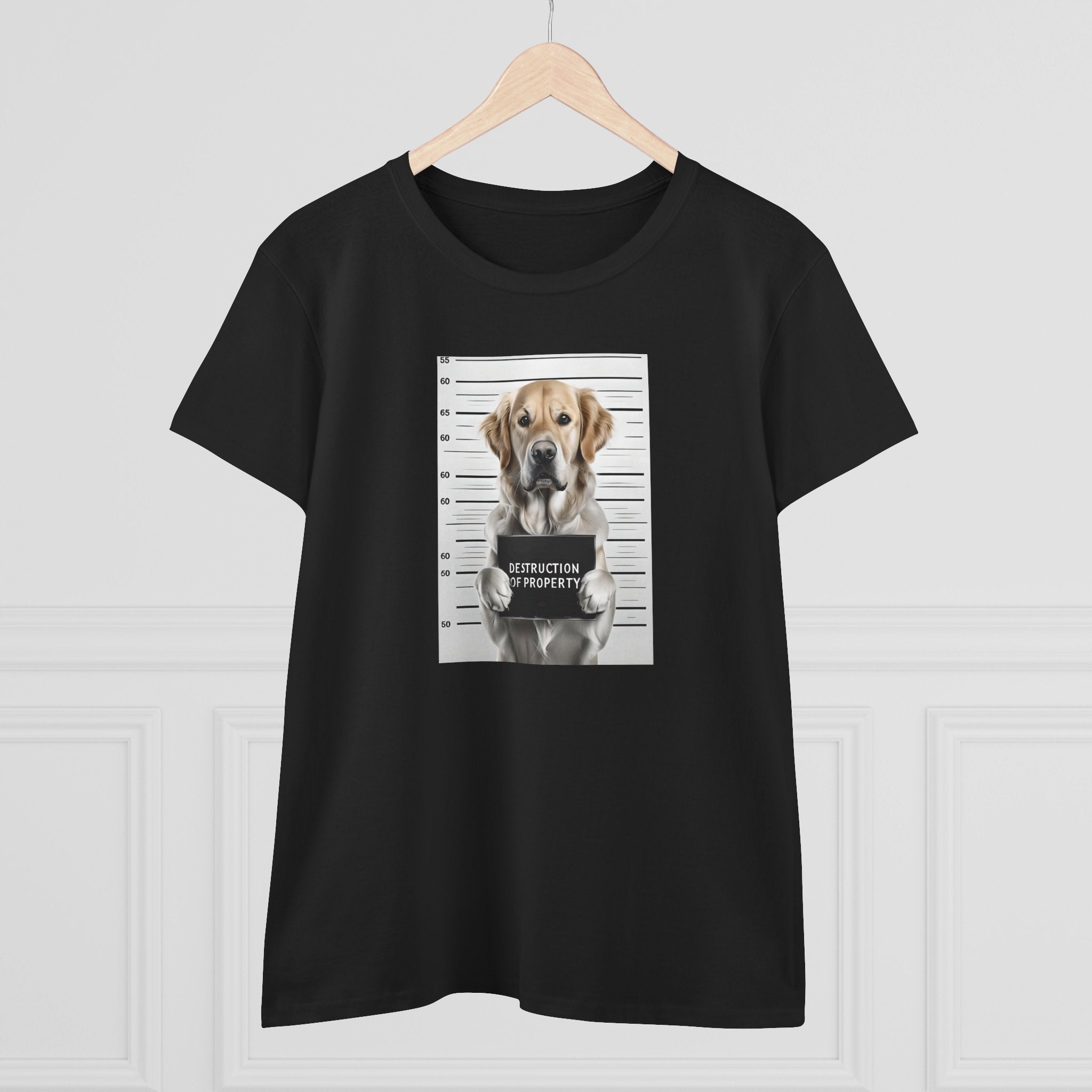 Black dog graphic mugshot tee hanging, crew neck and short sleeves