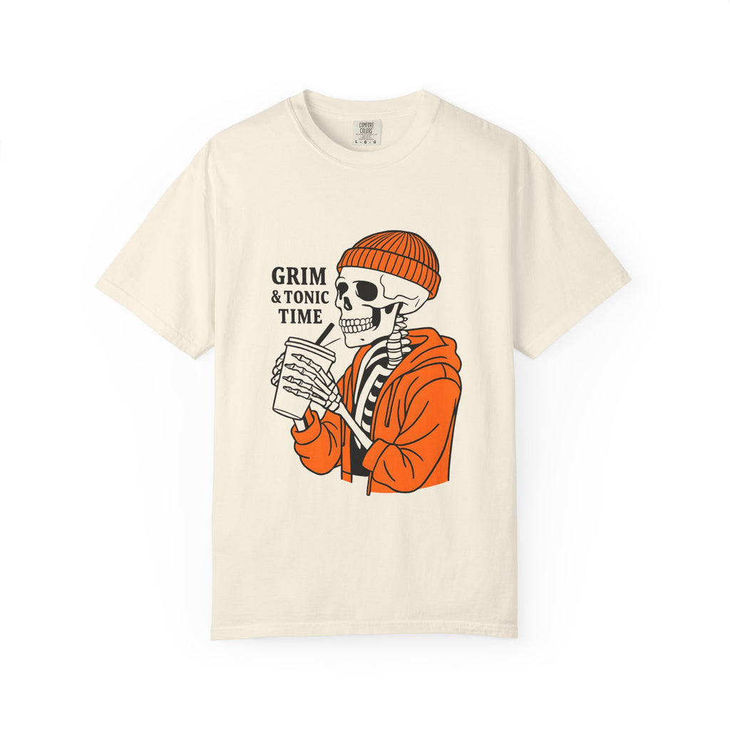 Ivory graphic tee with Grim & Tonic Time skull in orange jacket holding a drink