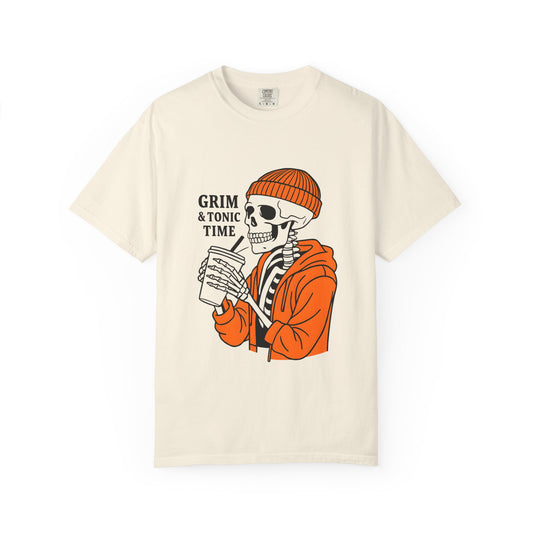 Grim & Tonic Time Graphic Tee, Casual Unisex T-Shirt, Perfect for Halloween, Gift for Spirits Lovers, Skulls and Sips Design