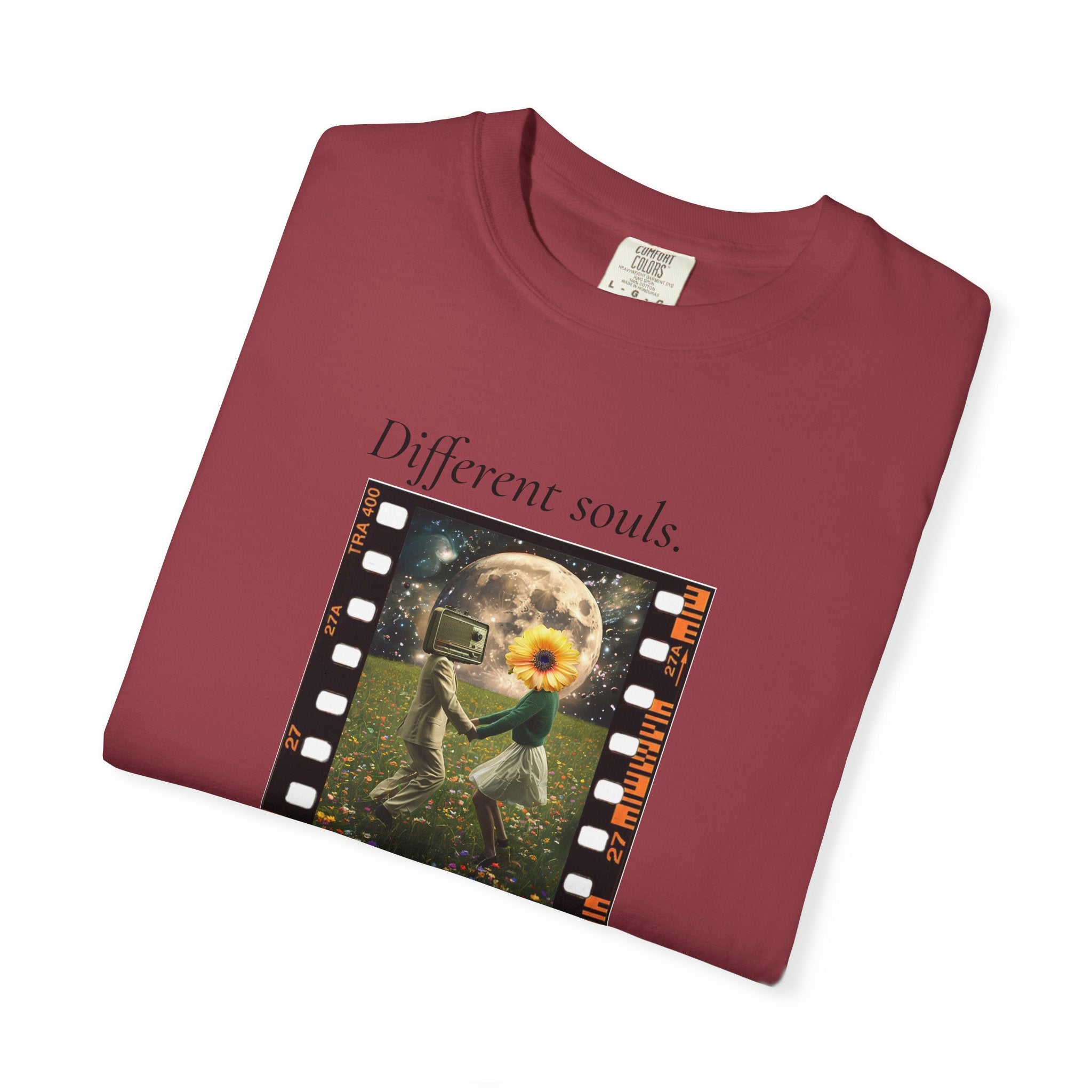 Burgundy crewneck T-shirt with filmstrip-style “Different souls” graphic
