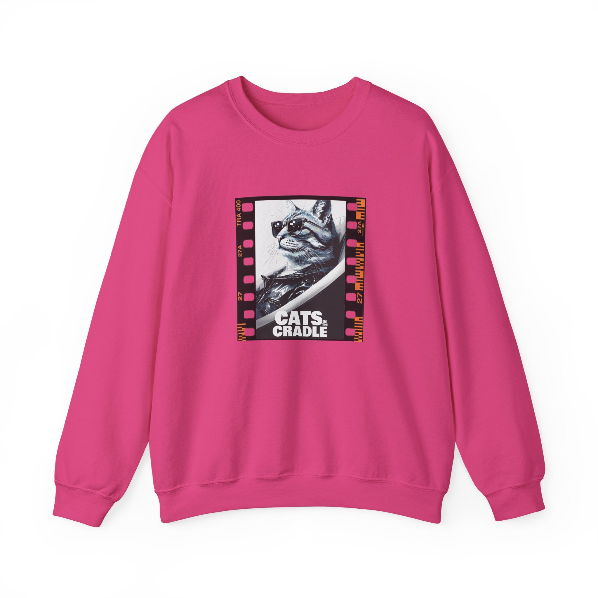 Pink crewneck sweatshirt with cat film strip graphic on front