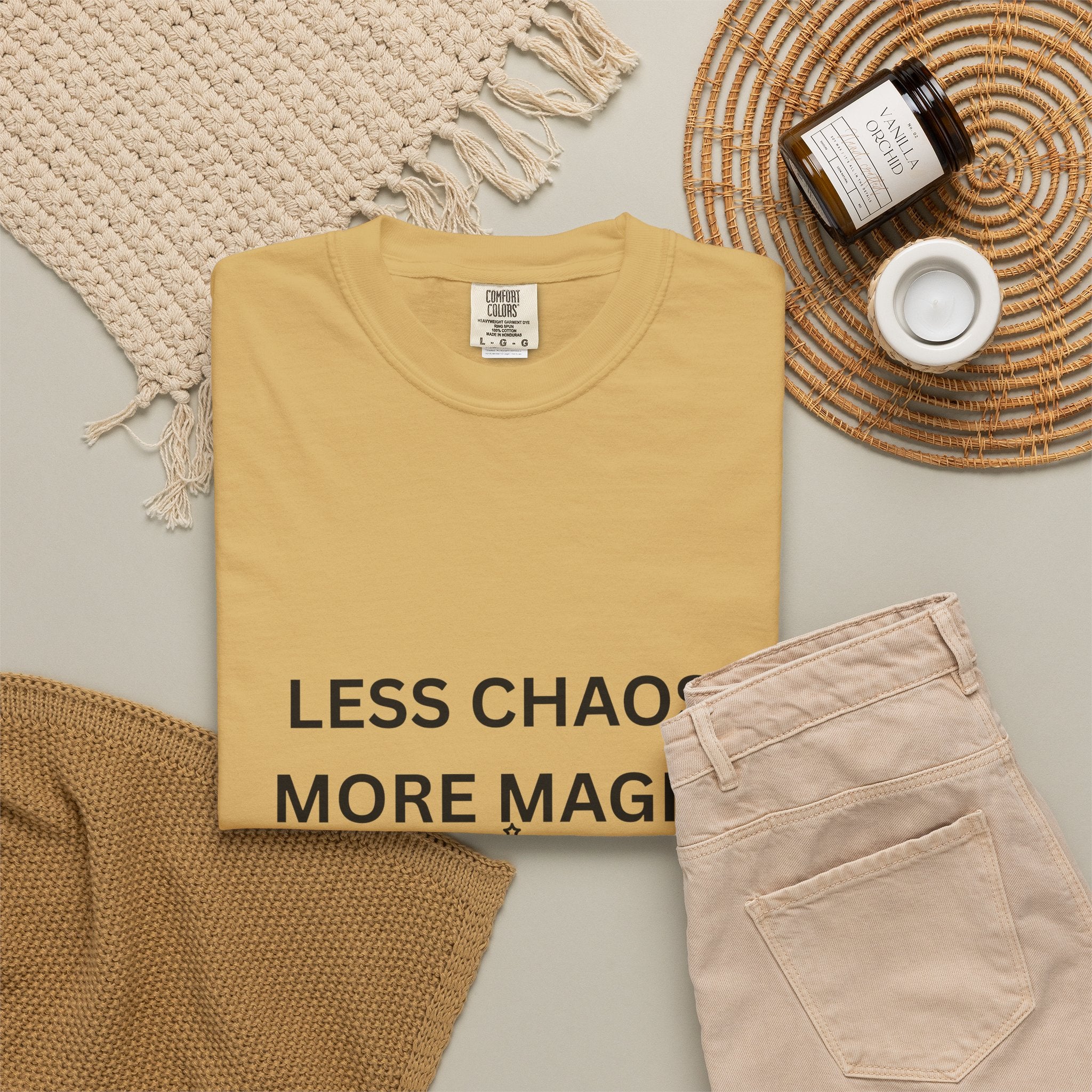 Less Chaos, More Magic T-Shirt — Crescent Moon + Stars Graphic Tee